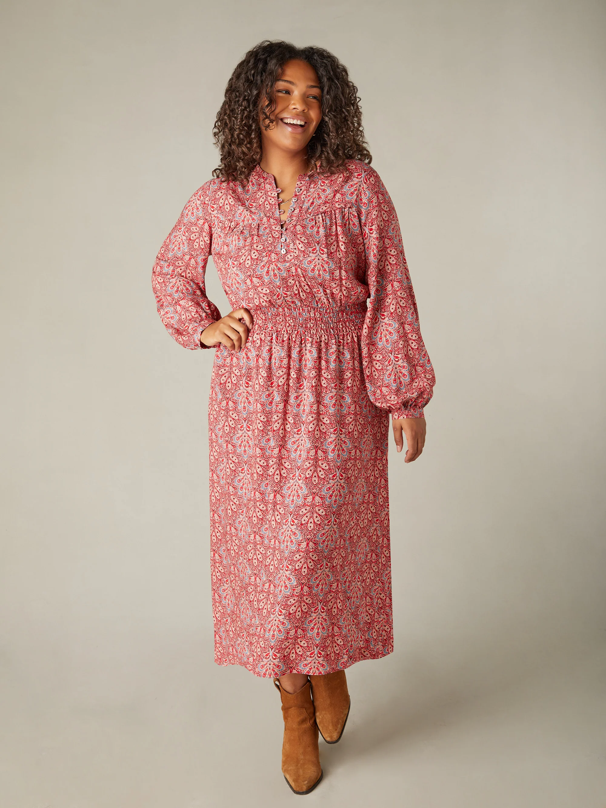 Red Paisley Shirred Waist Midaxi Dress - Image 4