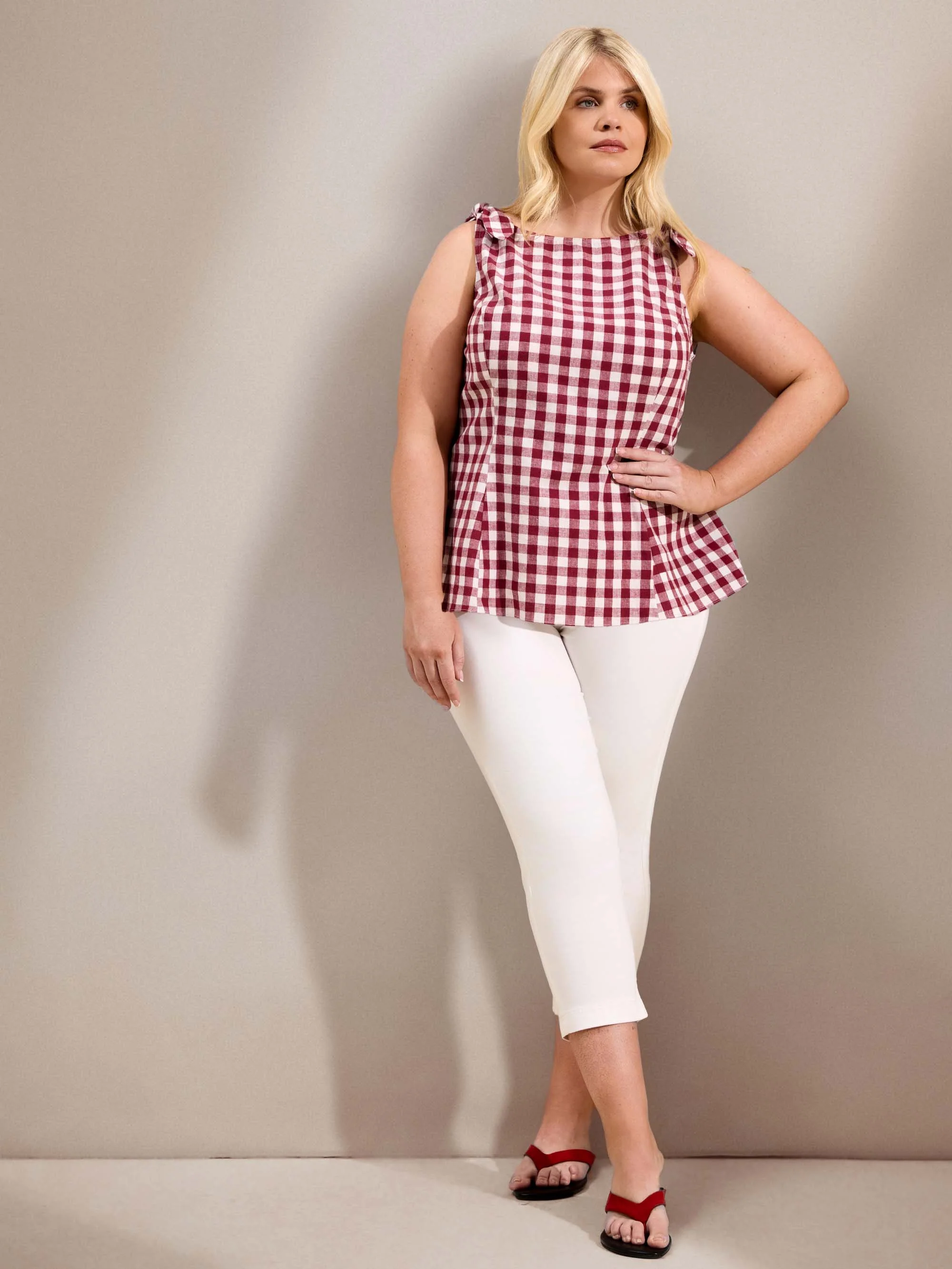 Berry Gingham Peplum Cotton-Linen Blend Bow Tie Top - Image 4