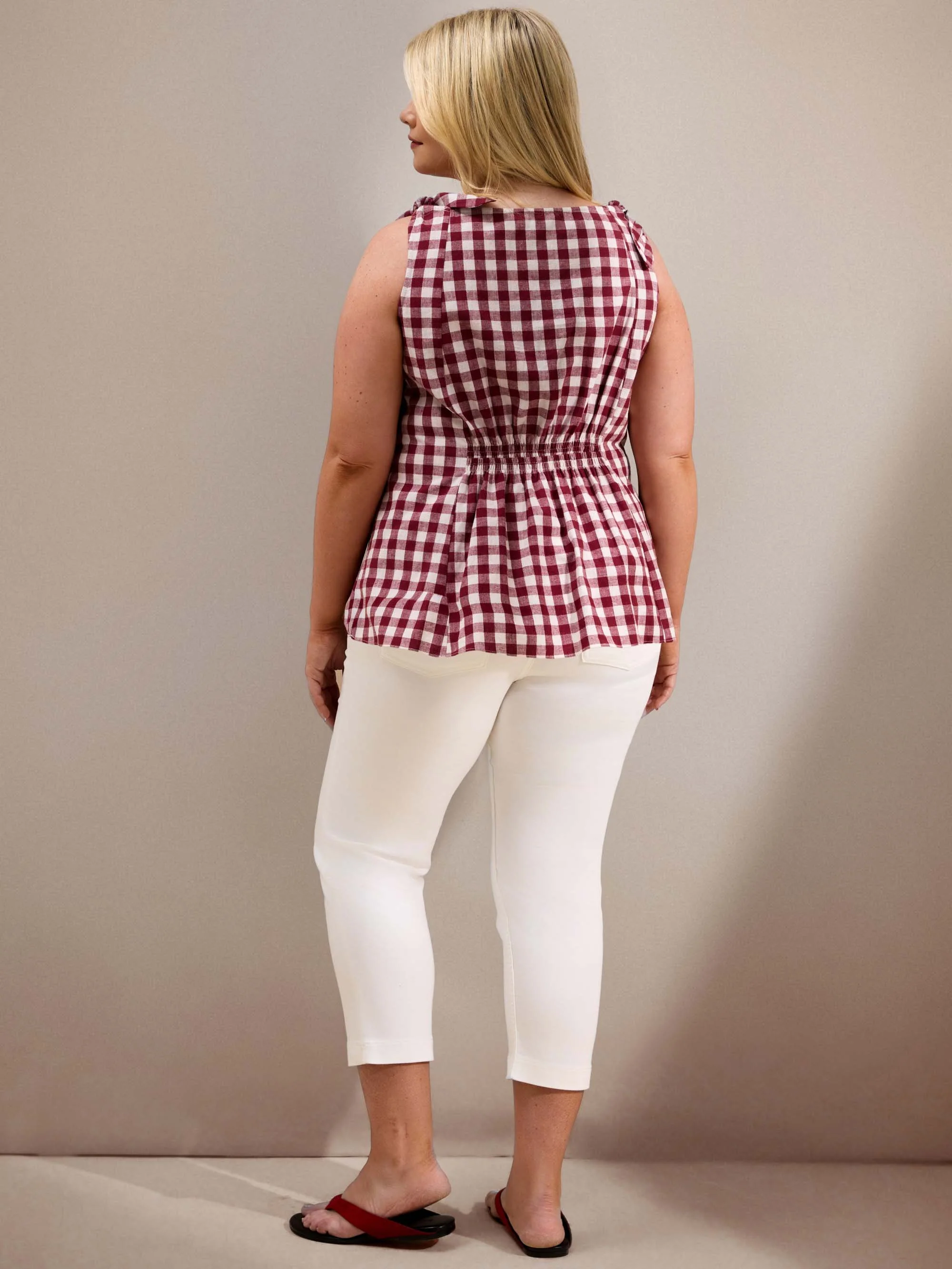 Berry Gingham Peplum Cotton-Linen Blend Bow Tie Top - Image 5