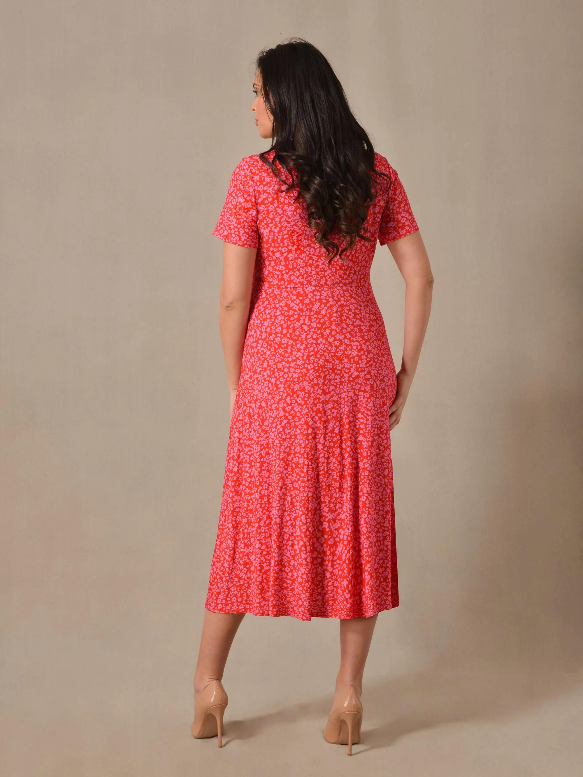 Red & Pink Ditsy Print Wrap Jersey Midaxi Dress - Image 3
