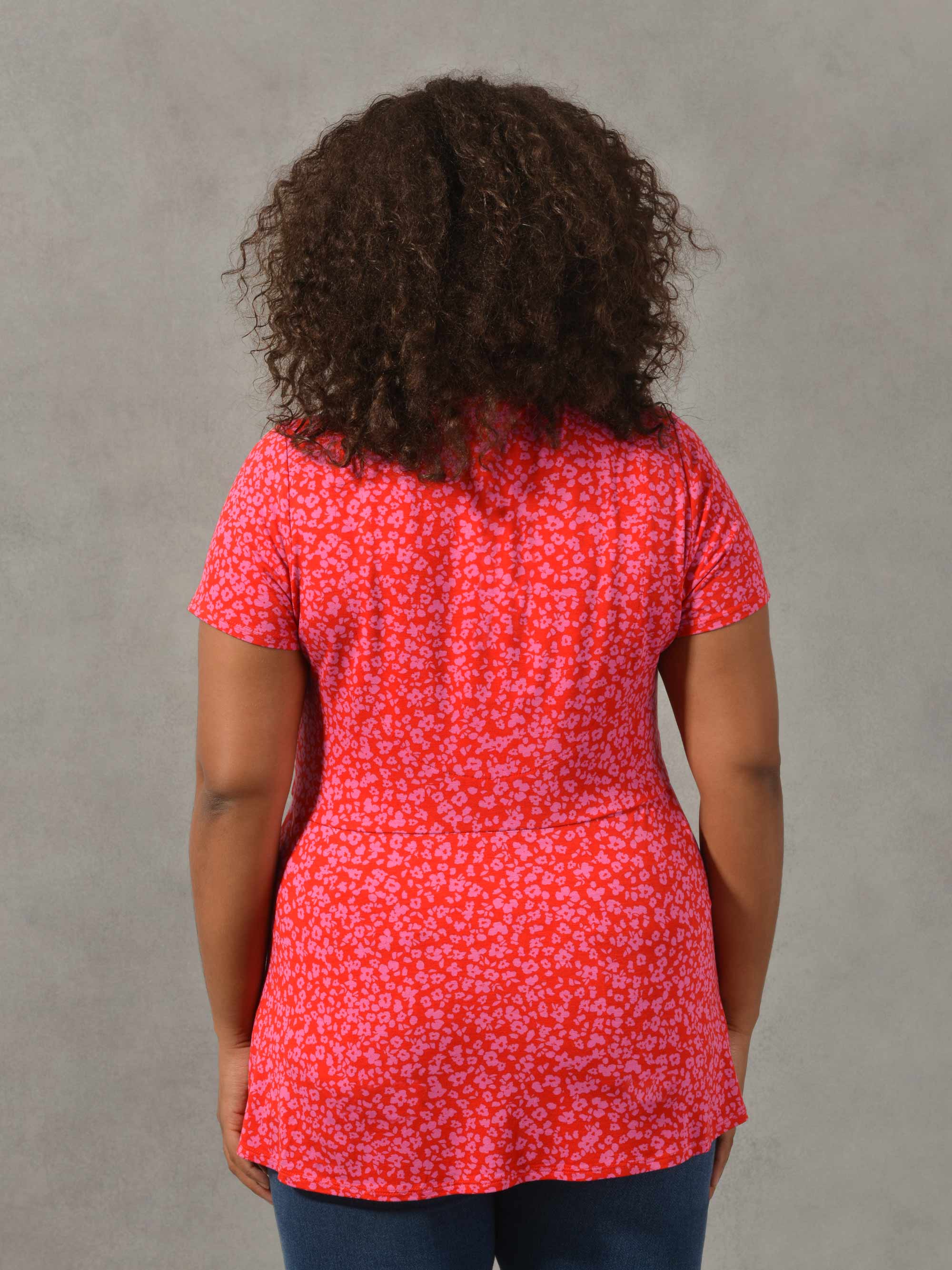 Red & Pink Ditsy Print Wrap Jersey Top - Image 2