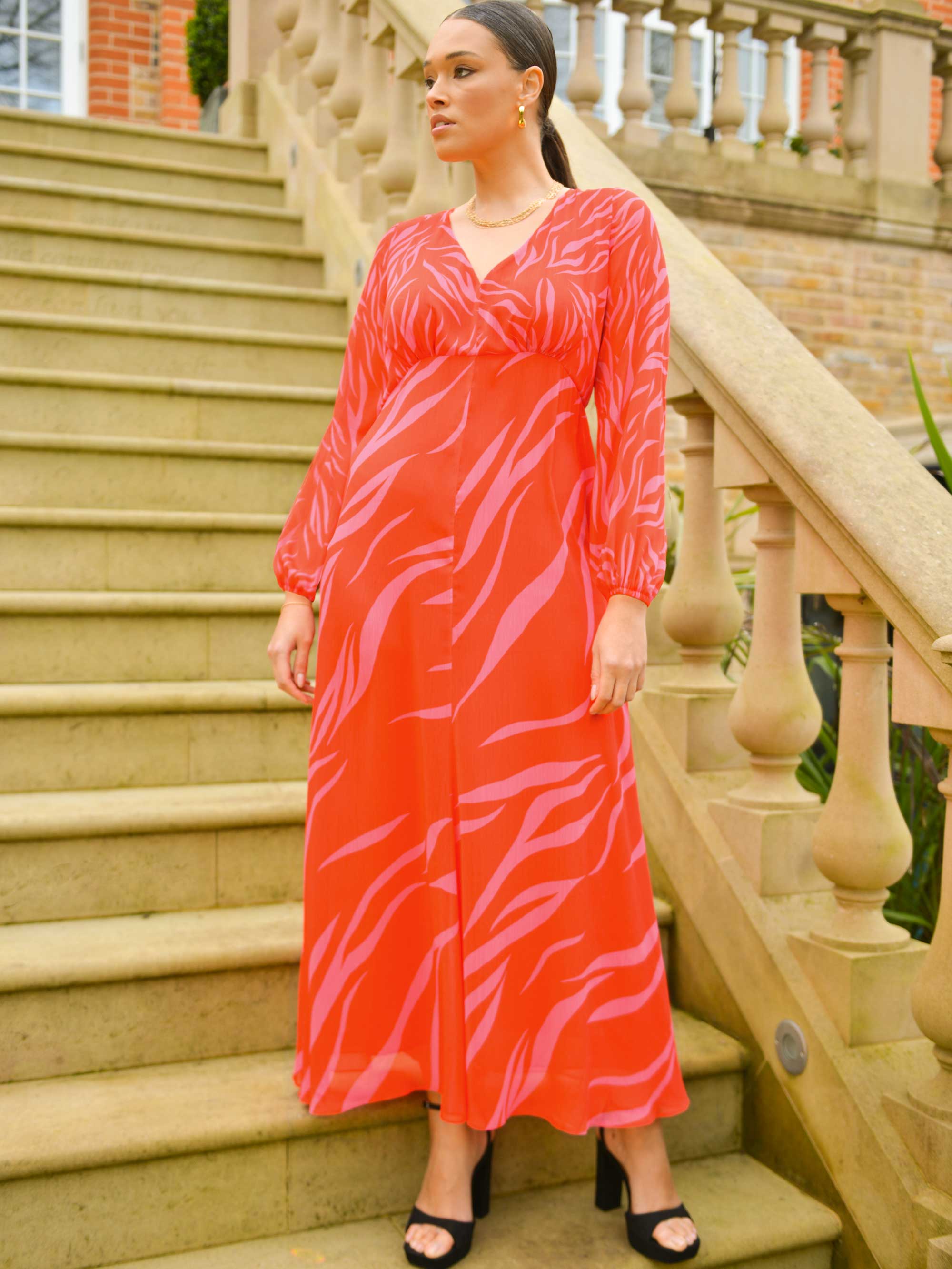 Red & Pink Zebra Print Maxi Dress With Blouson Sleeves - Image 2