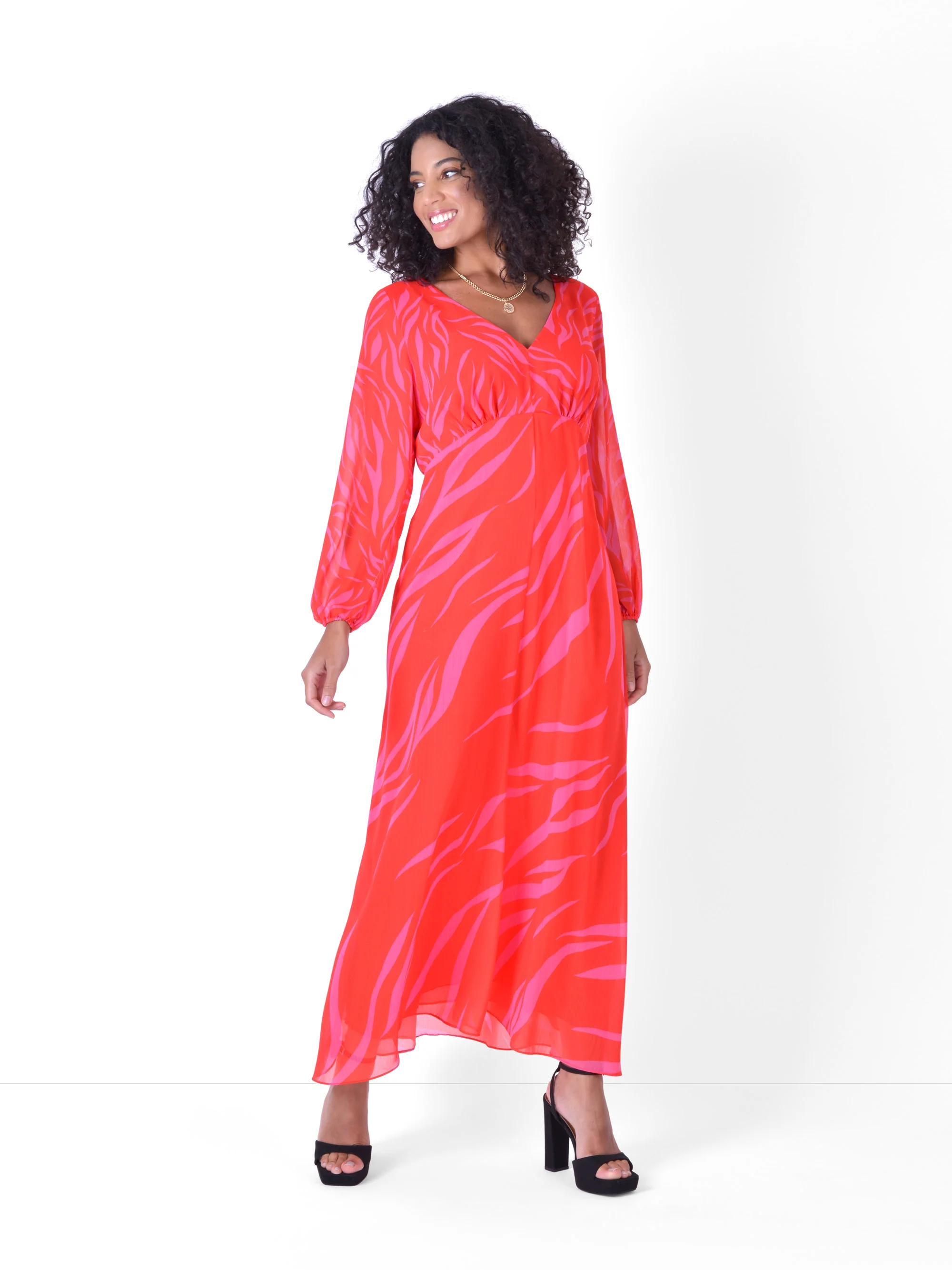 Red & Pink Zebra Print Maxi Dress With Blouson Sleeves - Image 3