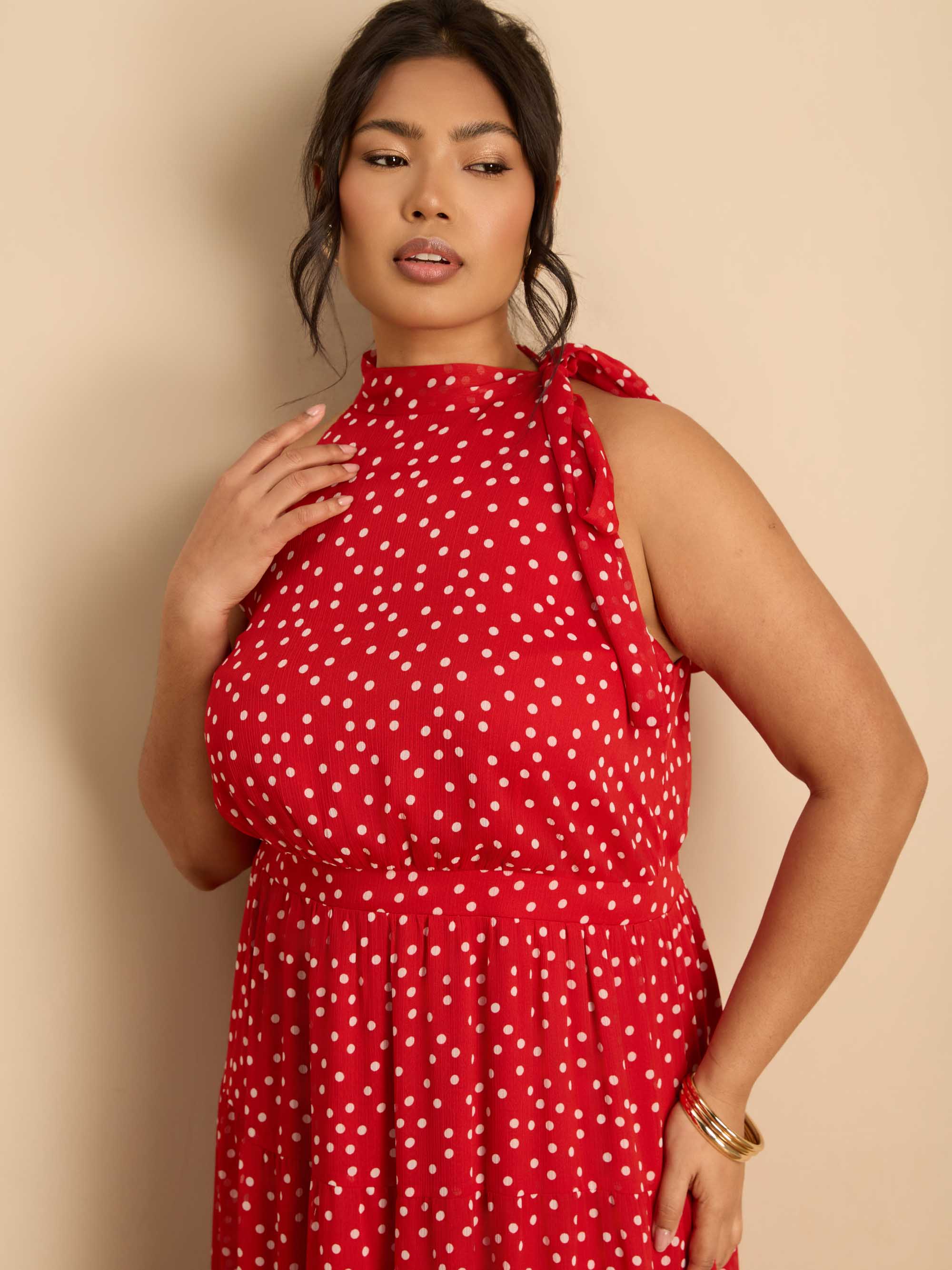 Red Polka Dot Halter Neck Maxi Dress - Image 3