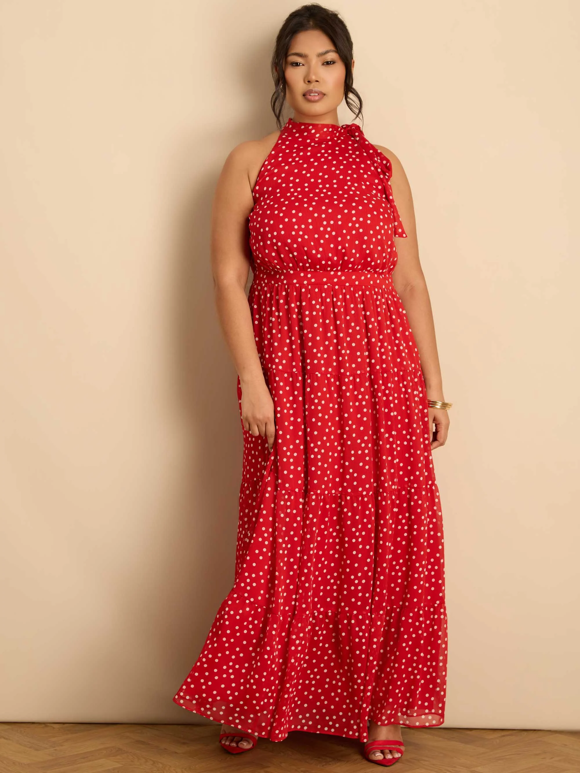Red Polka Dot Halter Neck Maxi Dress - Image 5