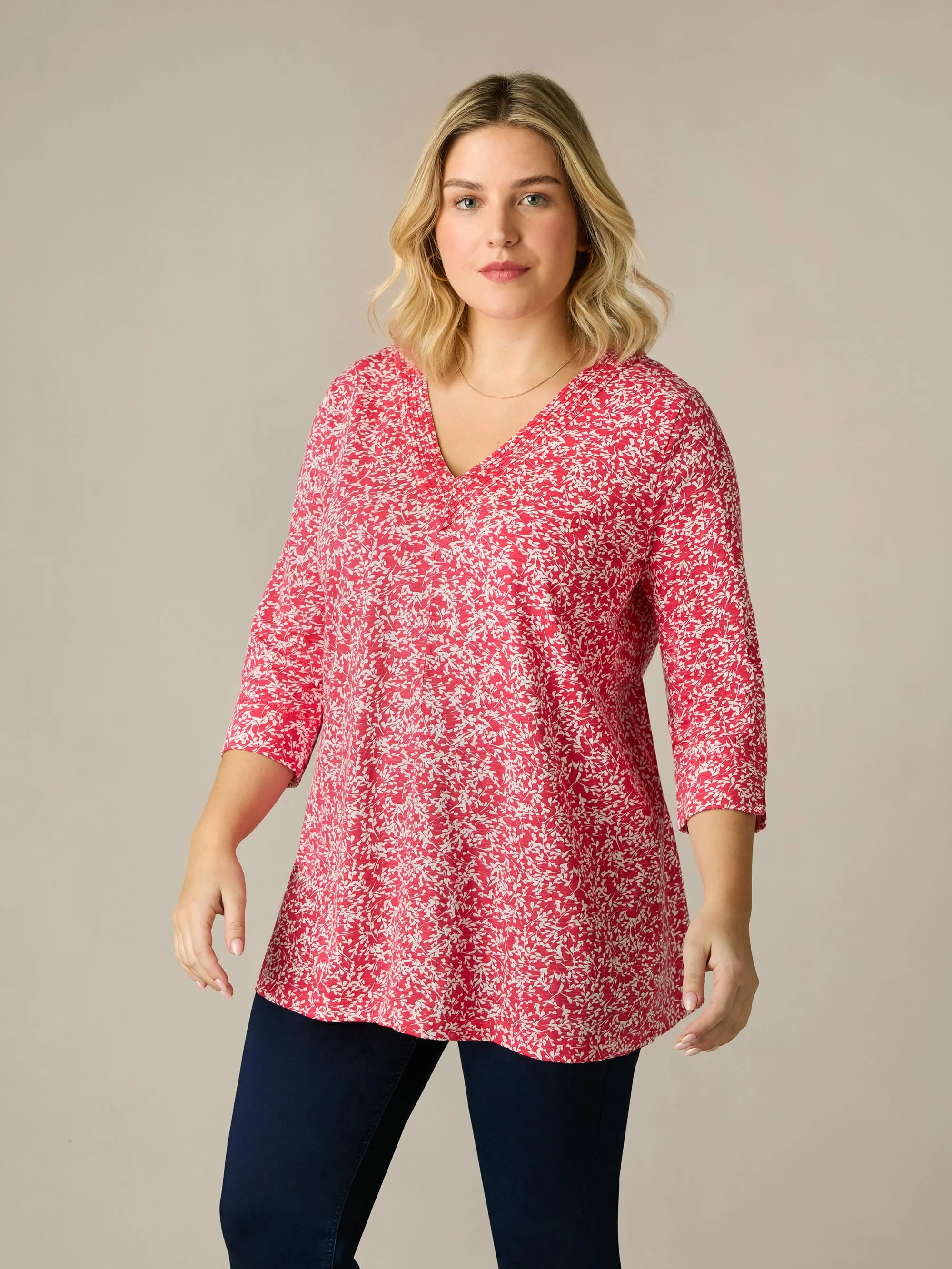 Red Print Cotton Slub Relaxed Tunic - Image 3