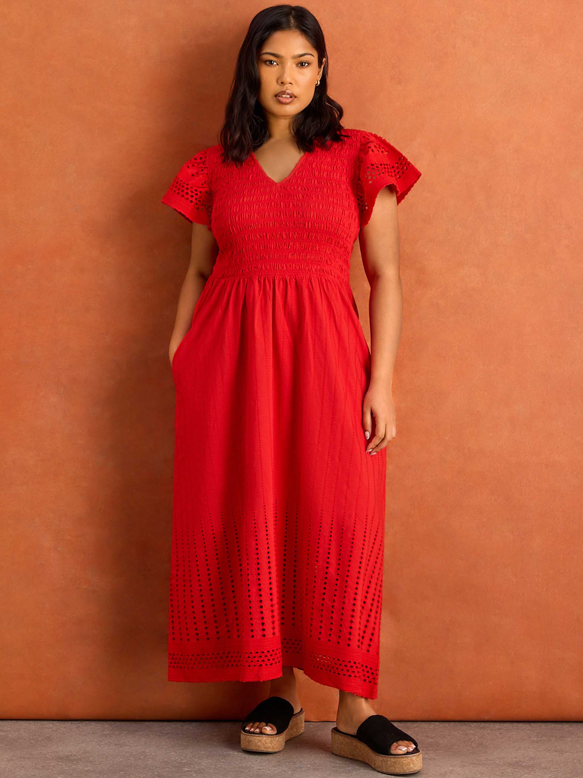 Red Shirred Broderie Cotton Midi Dress - Image 4