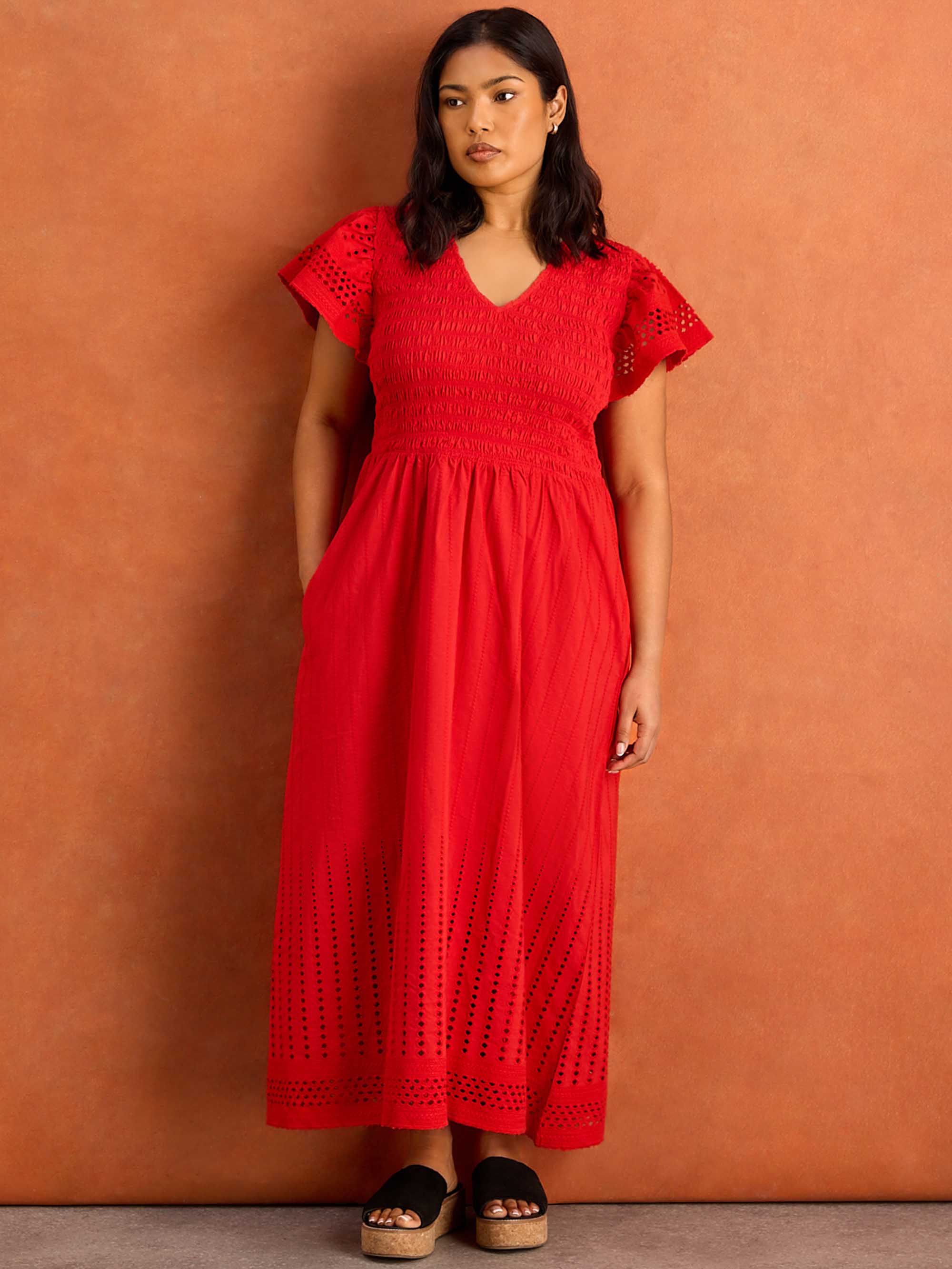 Red Shirred Broderie Cotton Midi Dress - Image 5