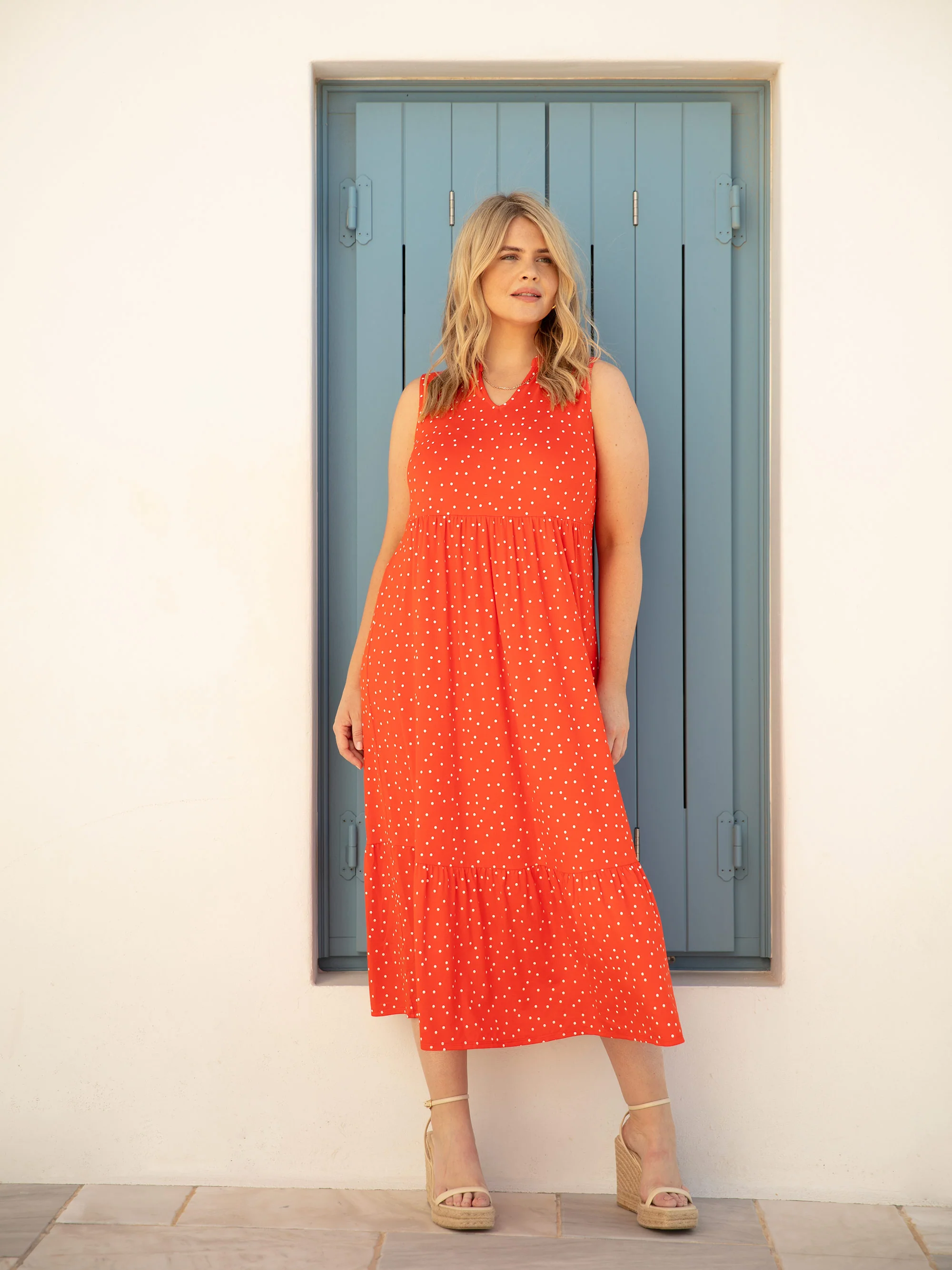 Red Spot Jersey Sleeveless Midi Dress - Image 2