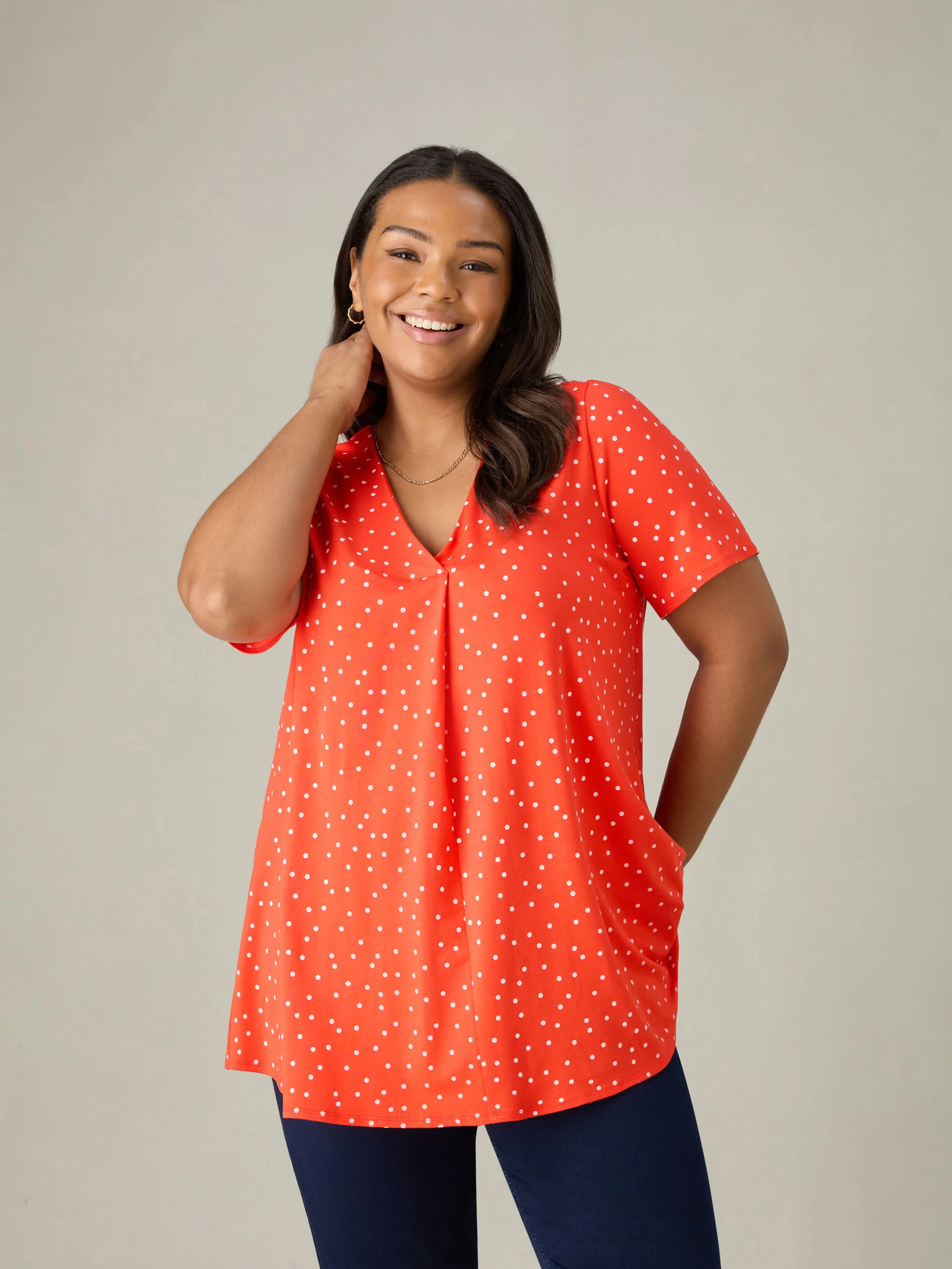 Red Spot Print Jersey Pleat Front Top - Image 3