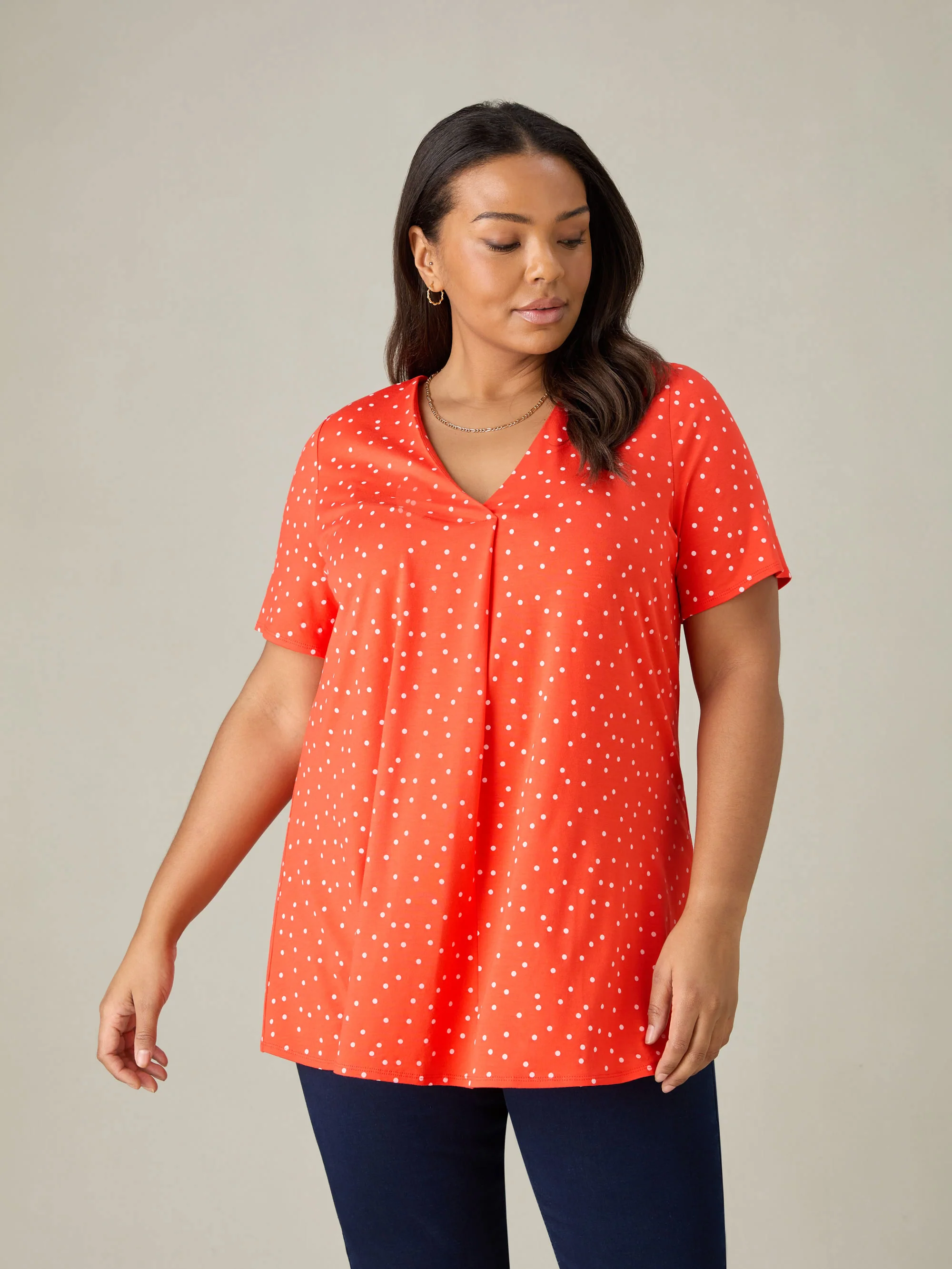 Red Spot Print Jersey Pleat Front Top - Image 5