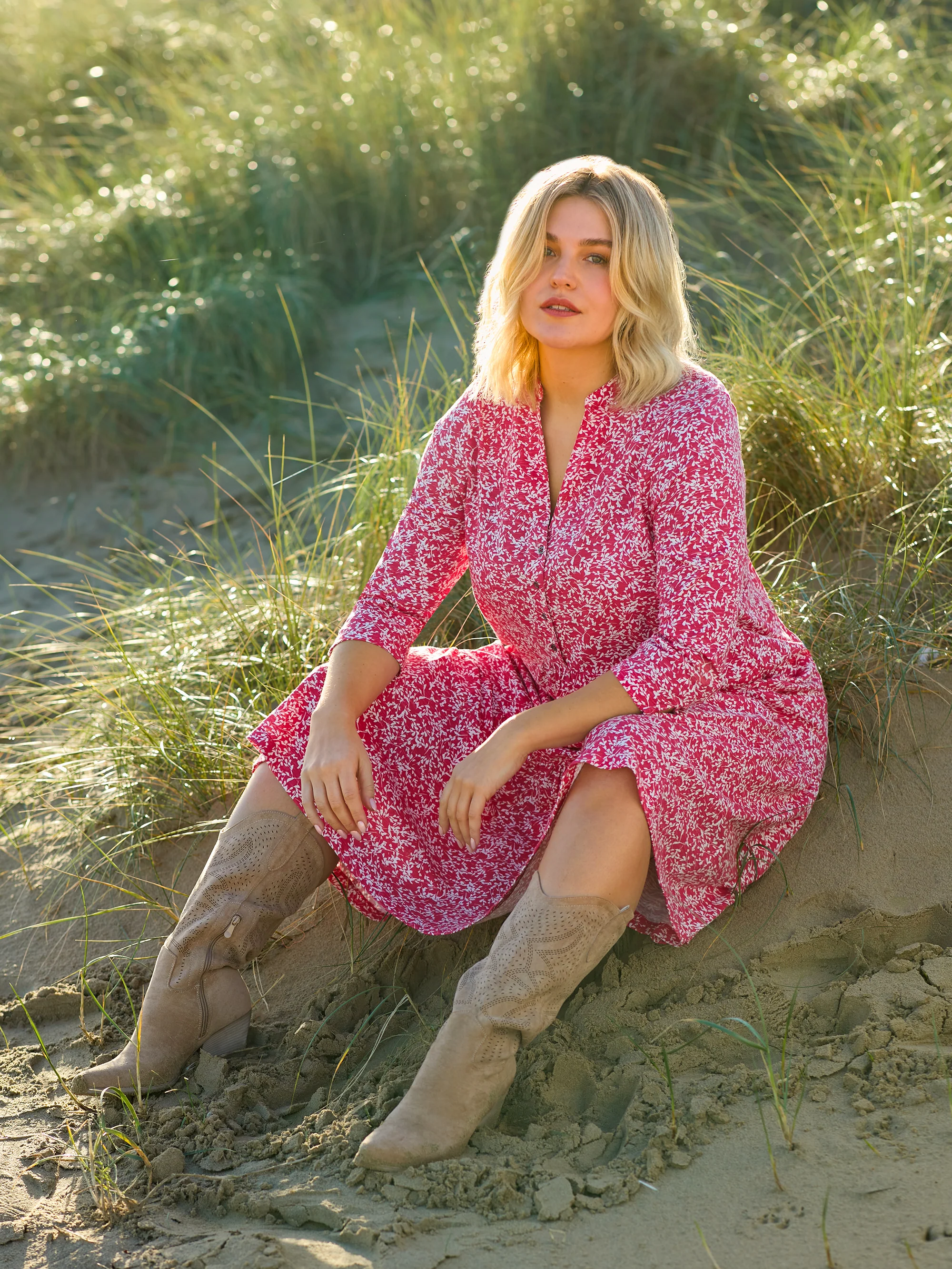 Red Print Cotton Slub Button Front Midi Dress - Image 3