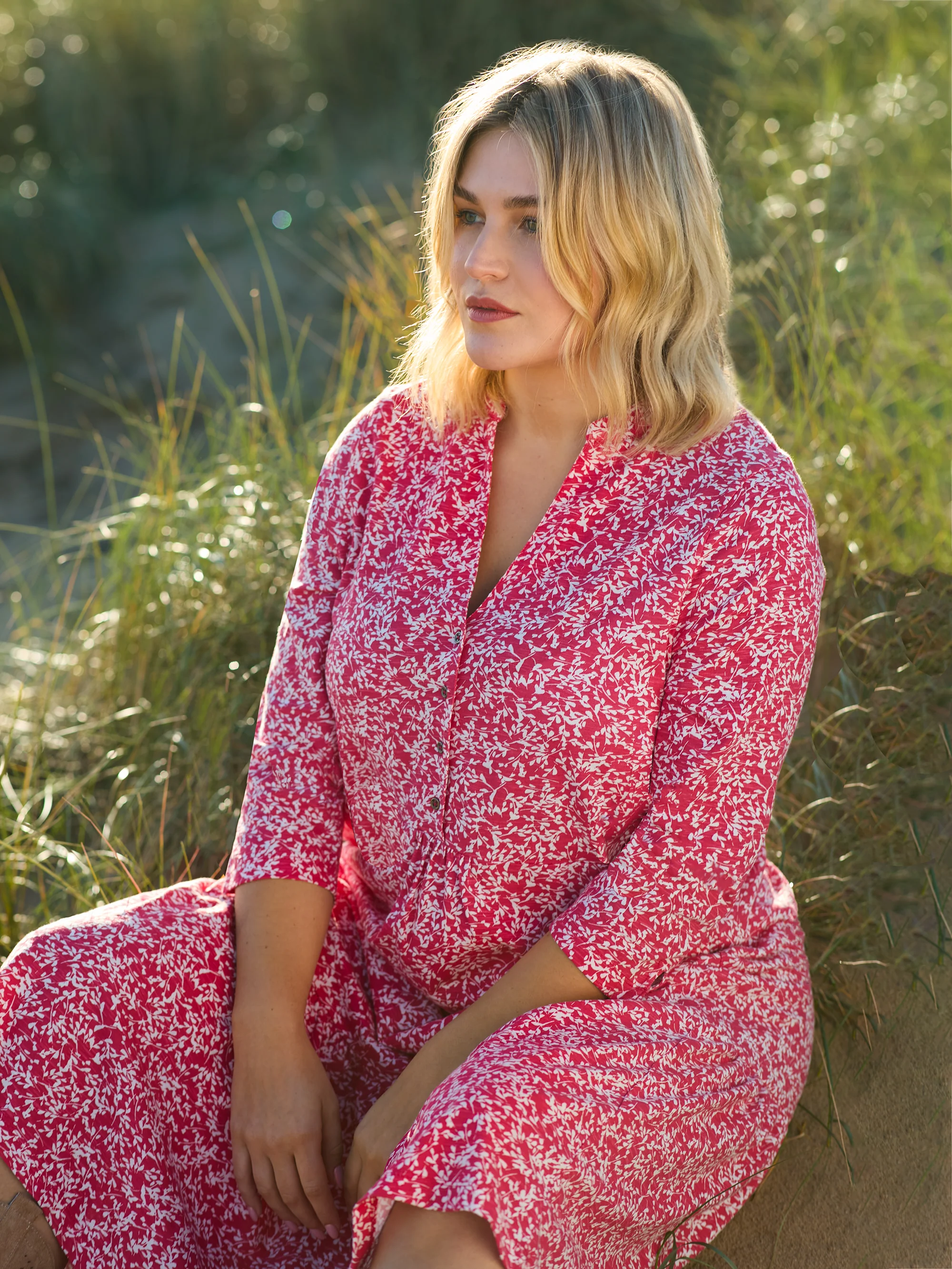 Red Print Cotton Slub Button Front Midi Dress - Image 4