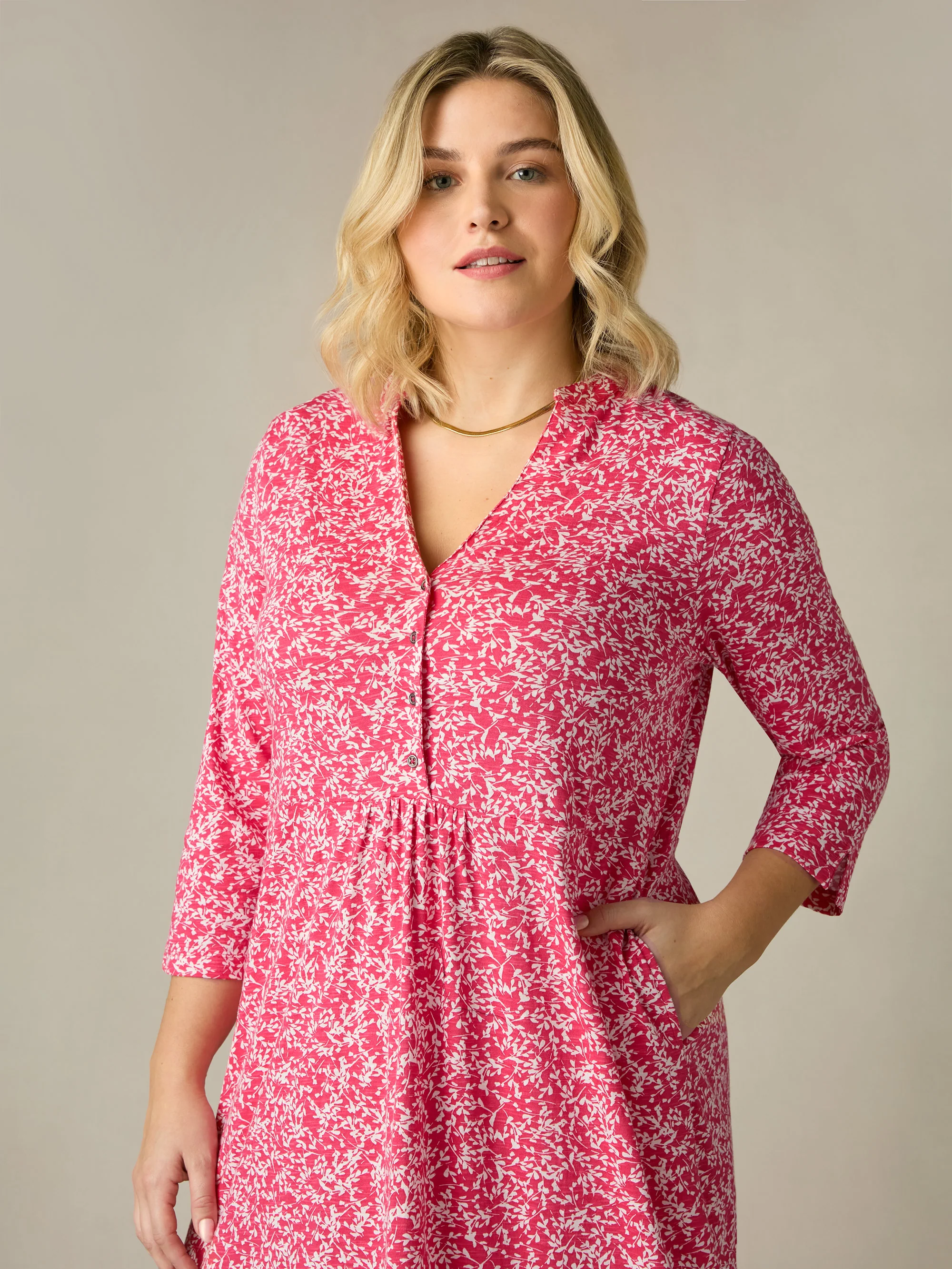 Red Print Cotton Slub Button Front Midi Dress - Image 5
