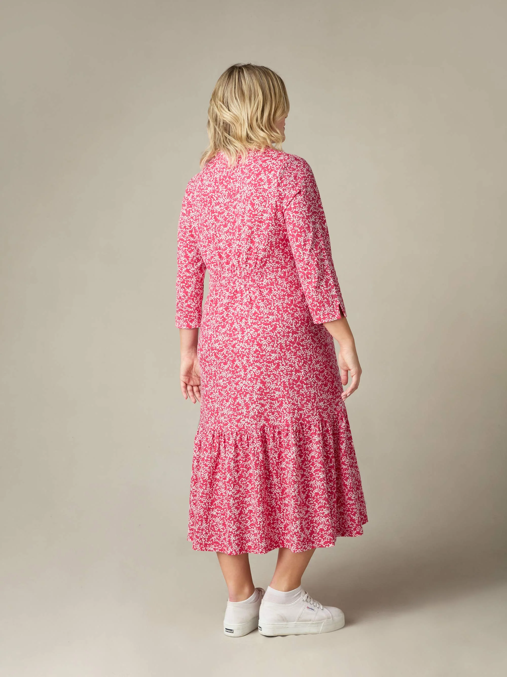 Red Print Cotton Slub Button Front Midi Dress - Image 7