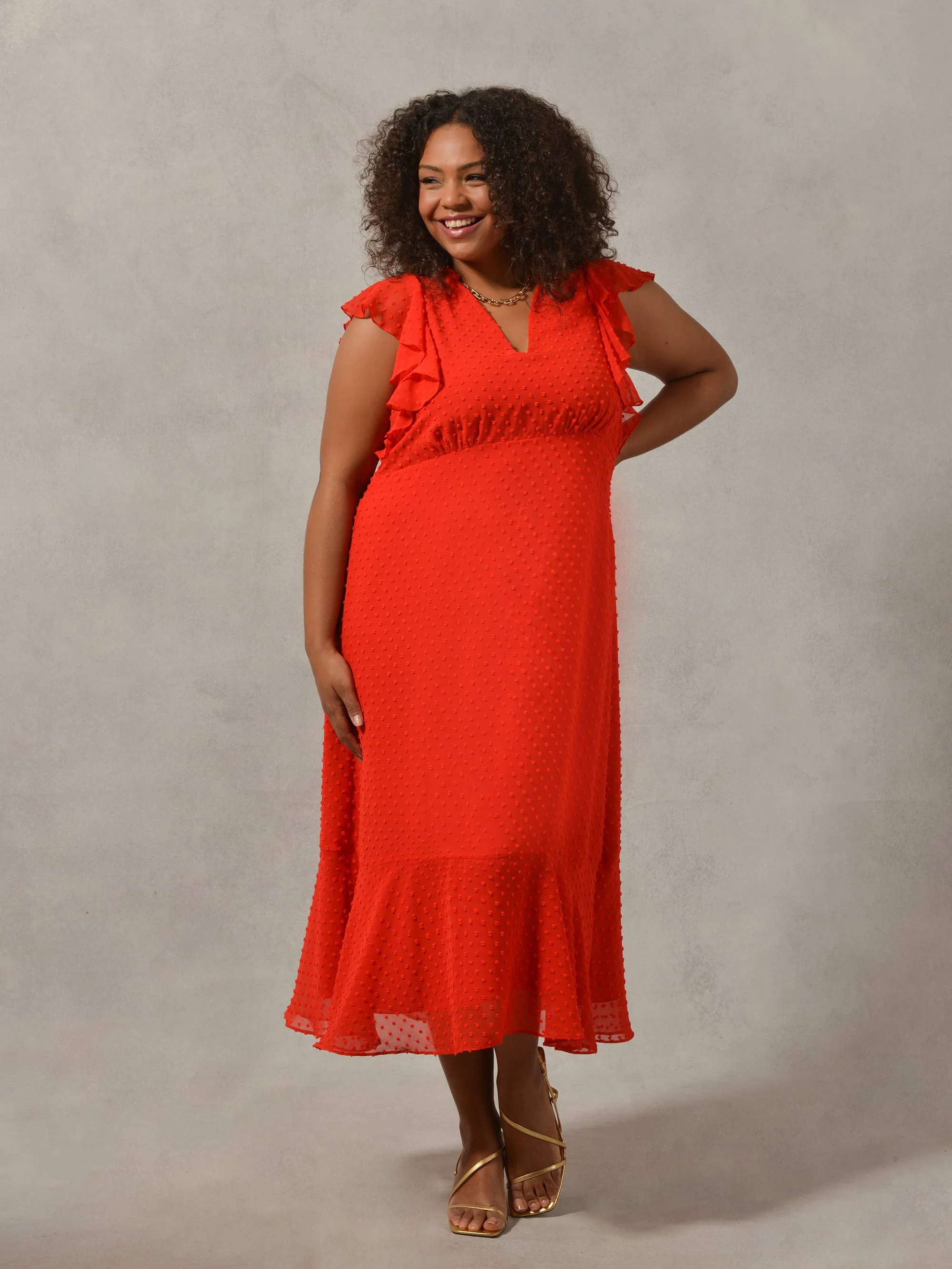 Red Textured Ruffle Sleeve Midi Dress - Image 3