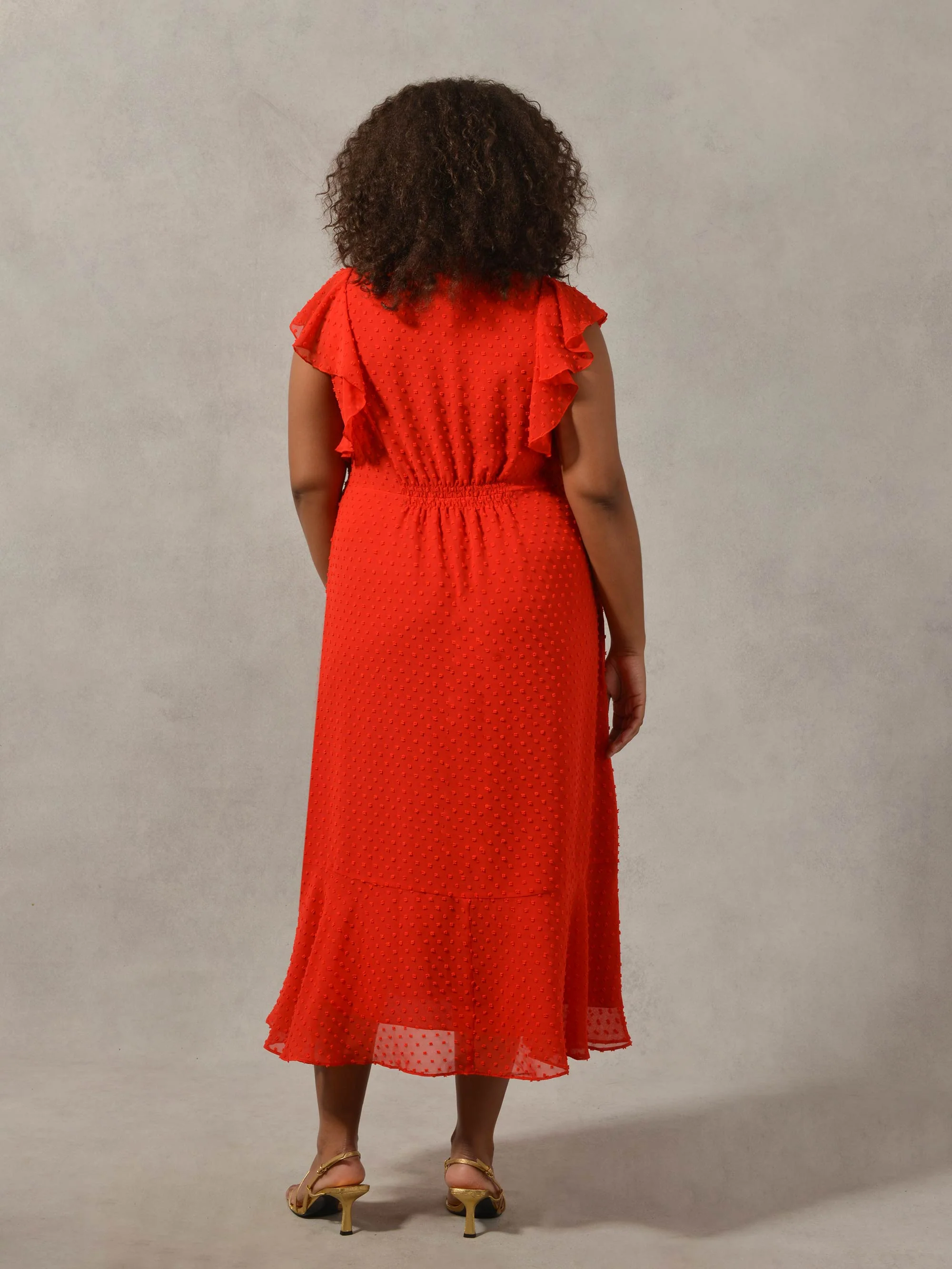 Red Textured Ruffle Sleeve Midi Dress - Image 7