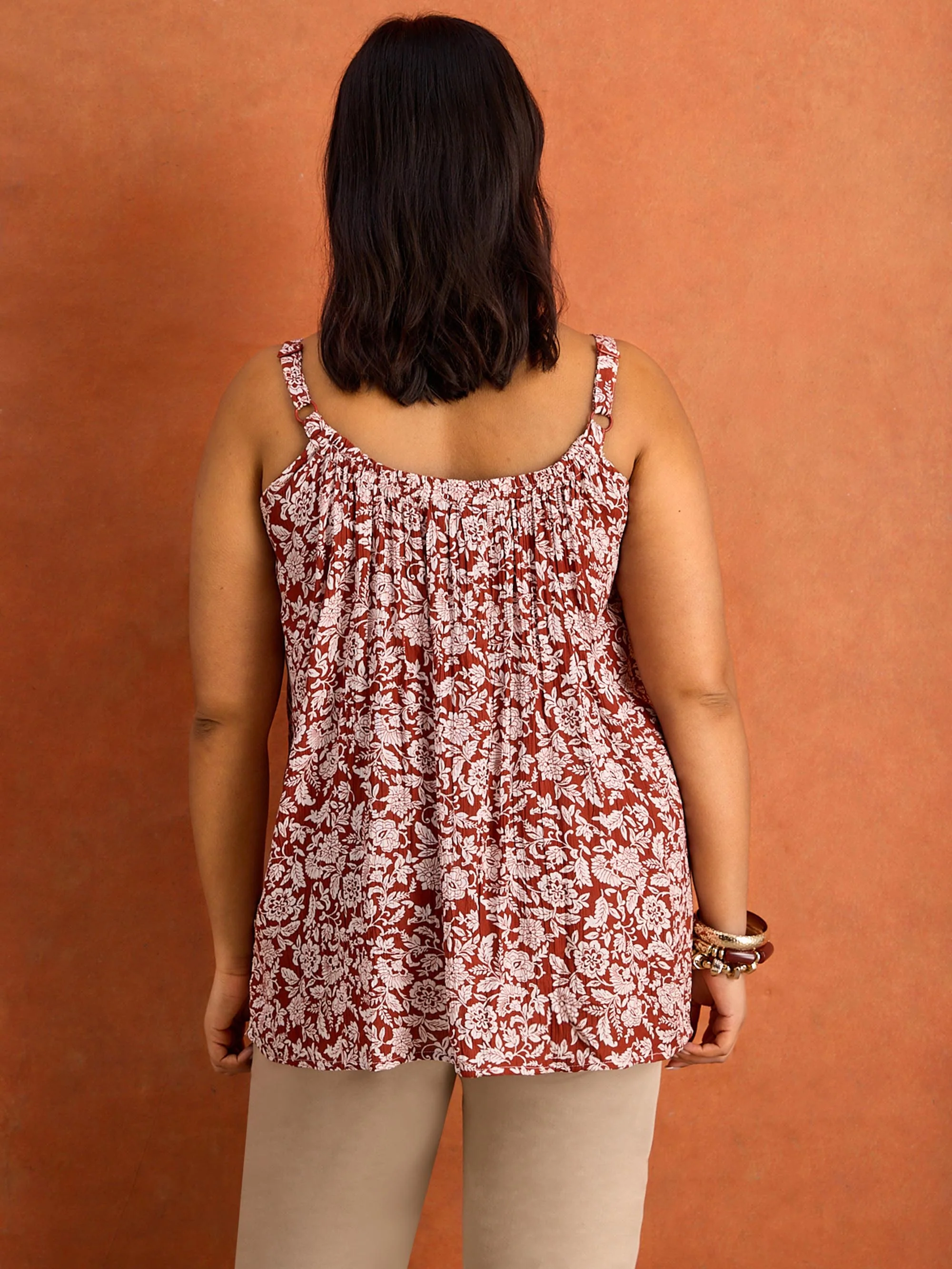 Rust Floral Print Crinkle Gathered Cami - Image 3