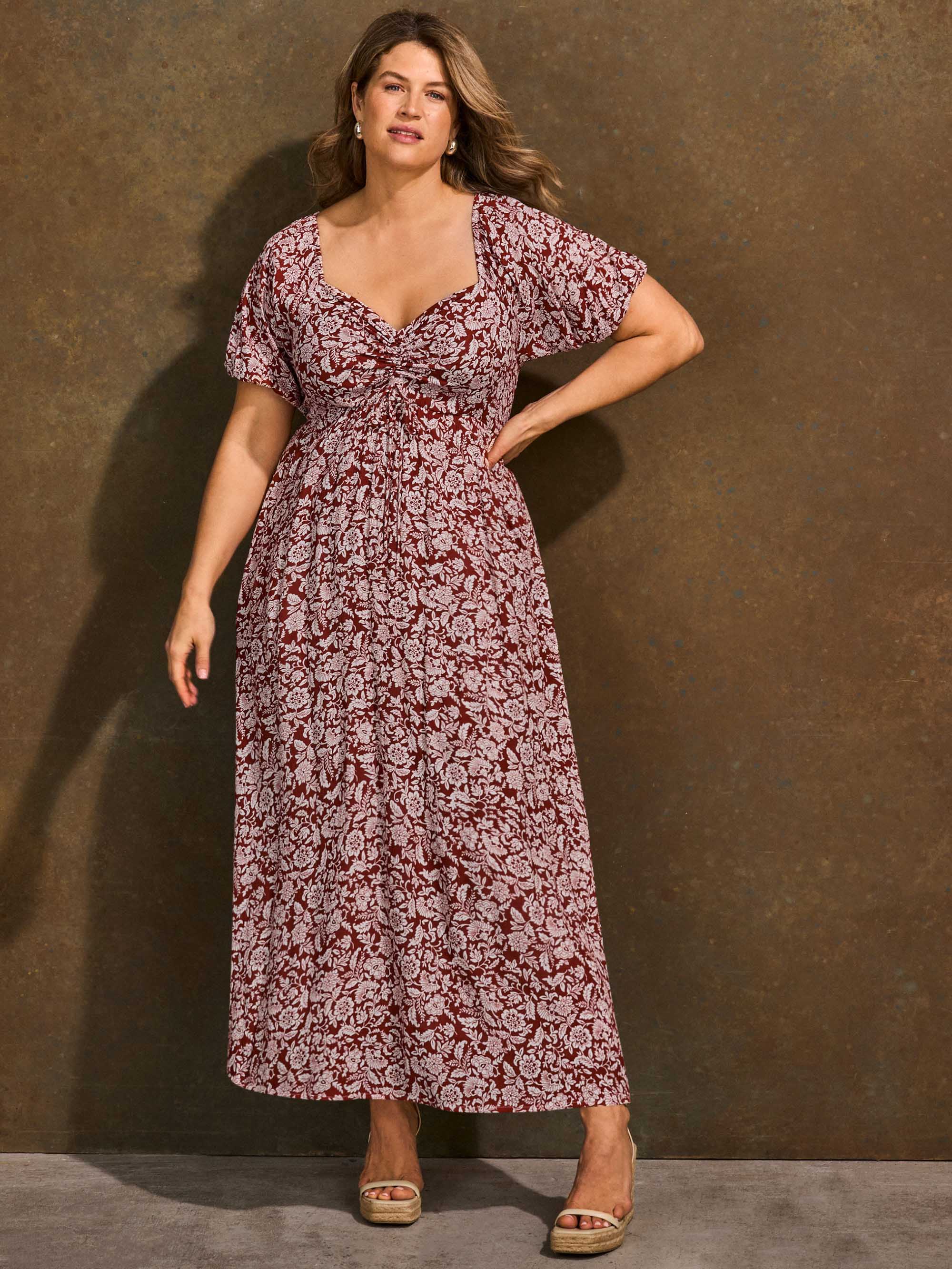 Rust Floral Print Crinkle Puff Sleeve Midaxi Dress - Image 3