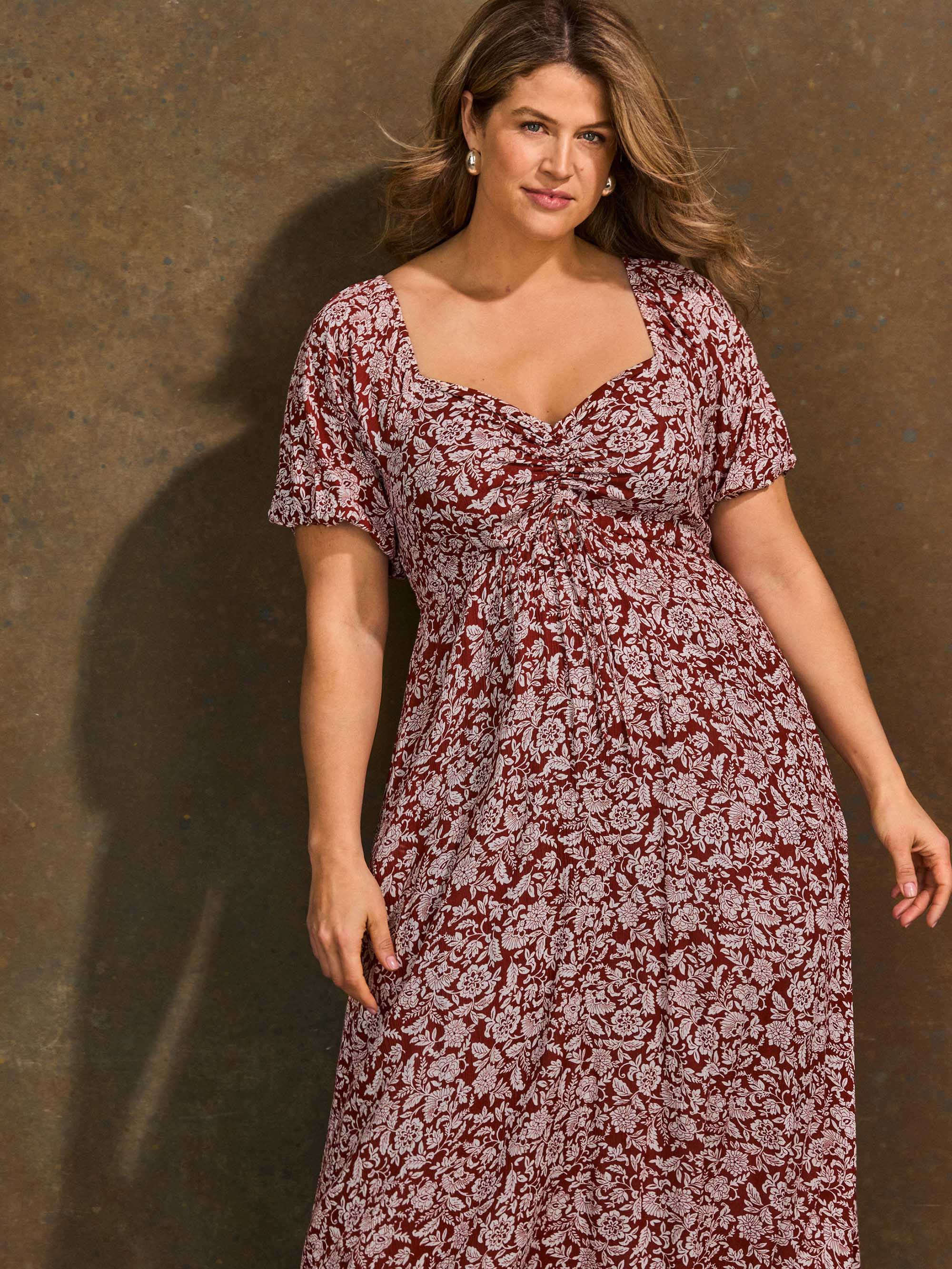 Rust Floral Print Crinkle Puff Sleeve Midaxi Dress - Image 5