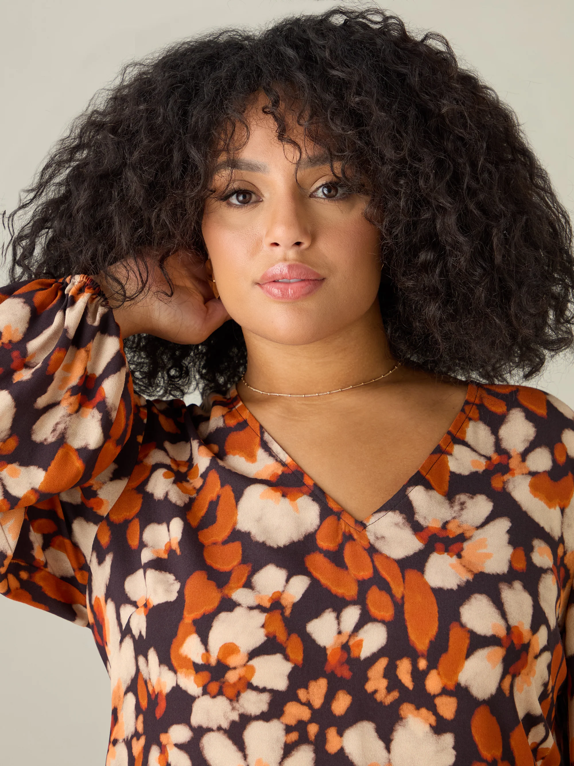 Rust Floral Print V-Neck Midi Dress - Image 2