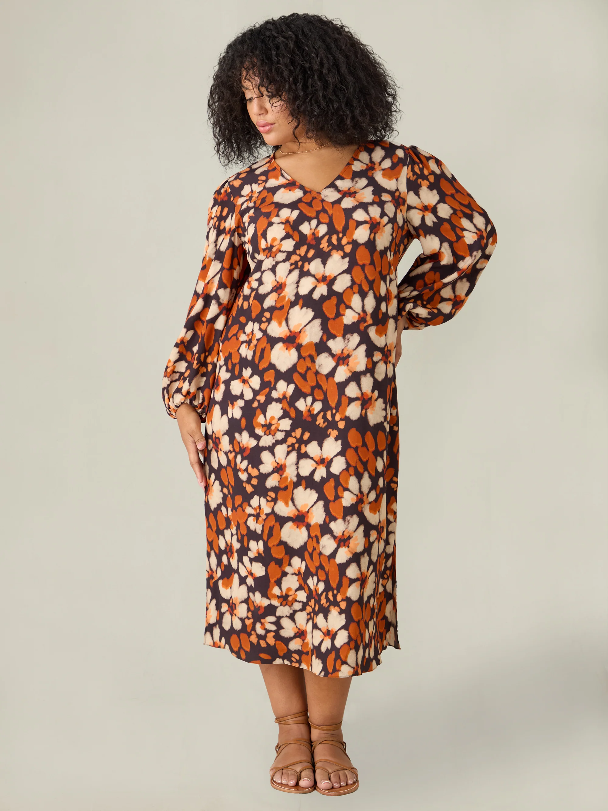 Rust Floral Print V-Neck Midi Dress - Image 3