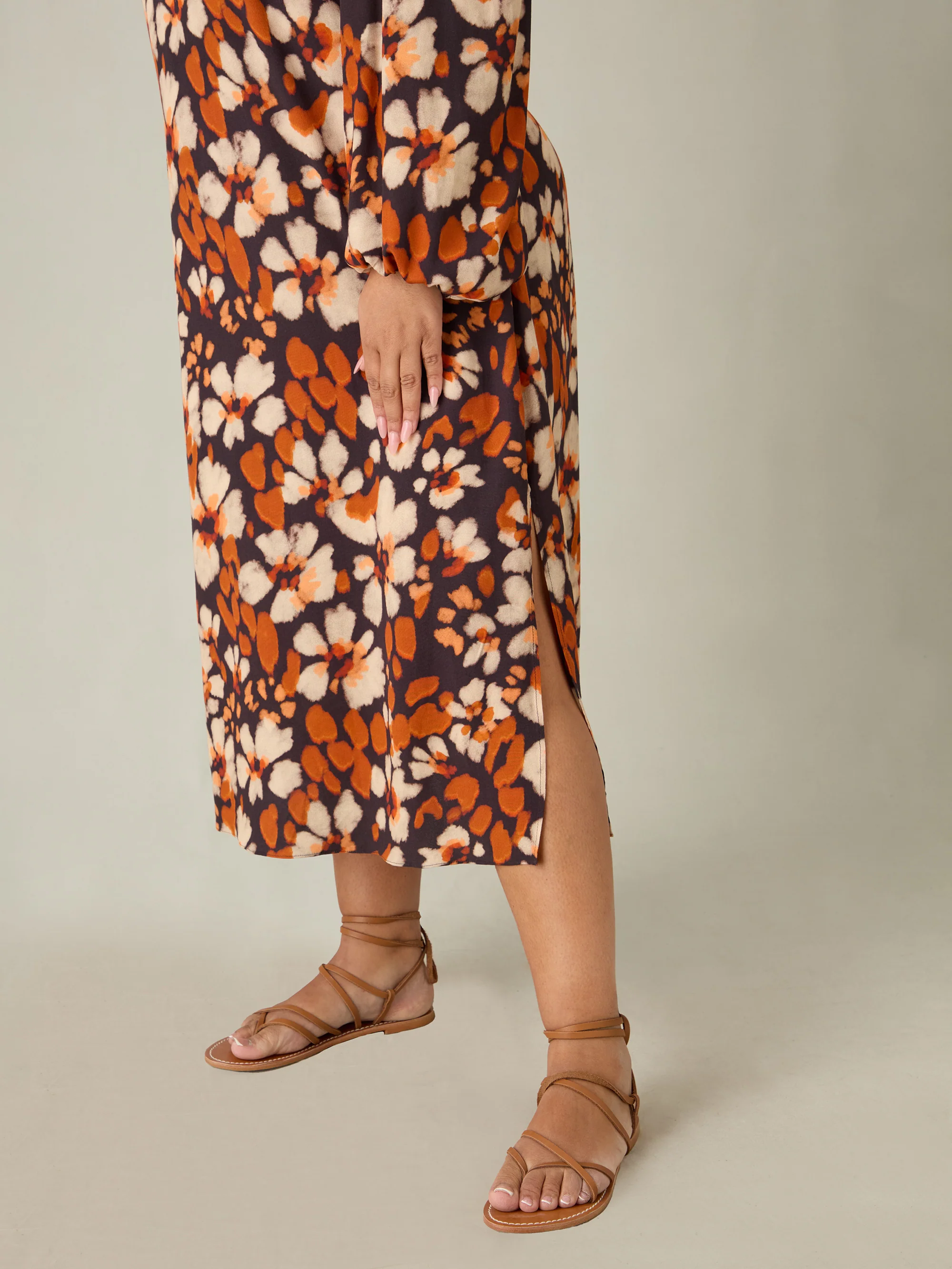 Rust Floral Print V-Neck Midi Dress - Image 4