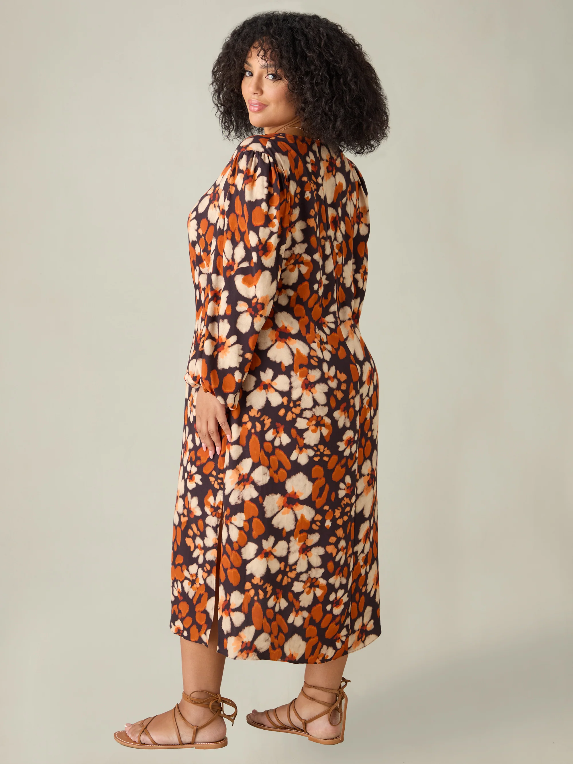 Rust Floral Print V-Neck Midi Dress - Image 5