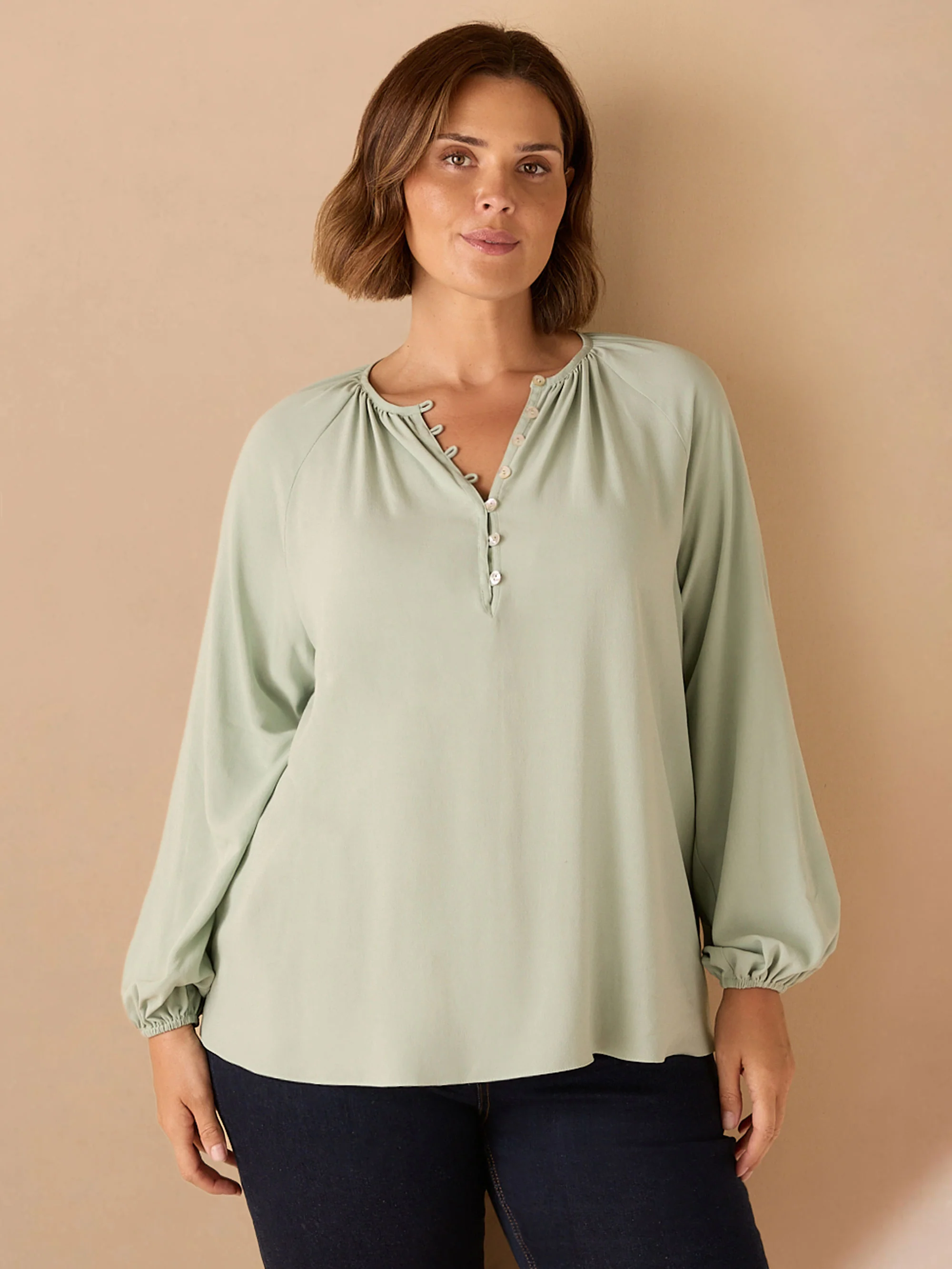 Sage Button Front Raglan Sleeve Blouse - Image 2
