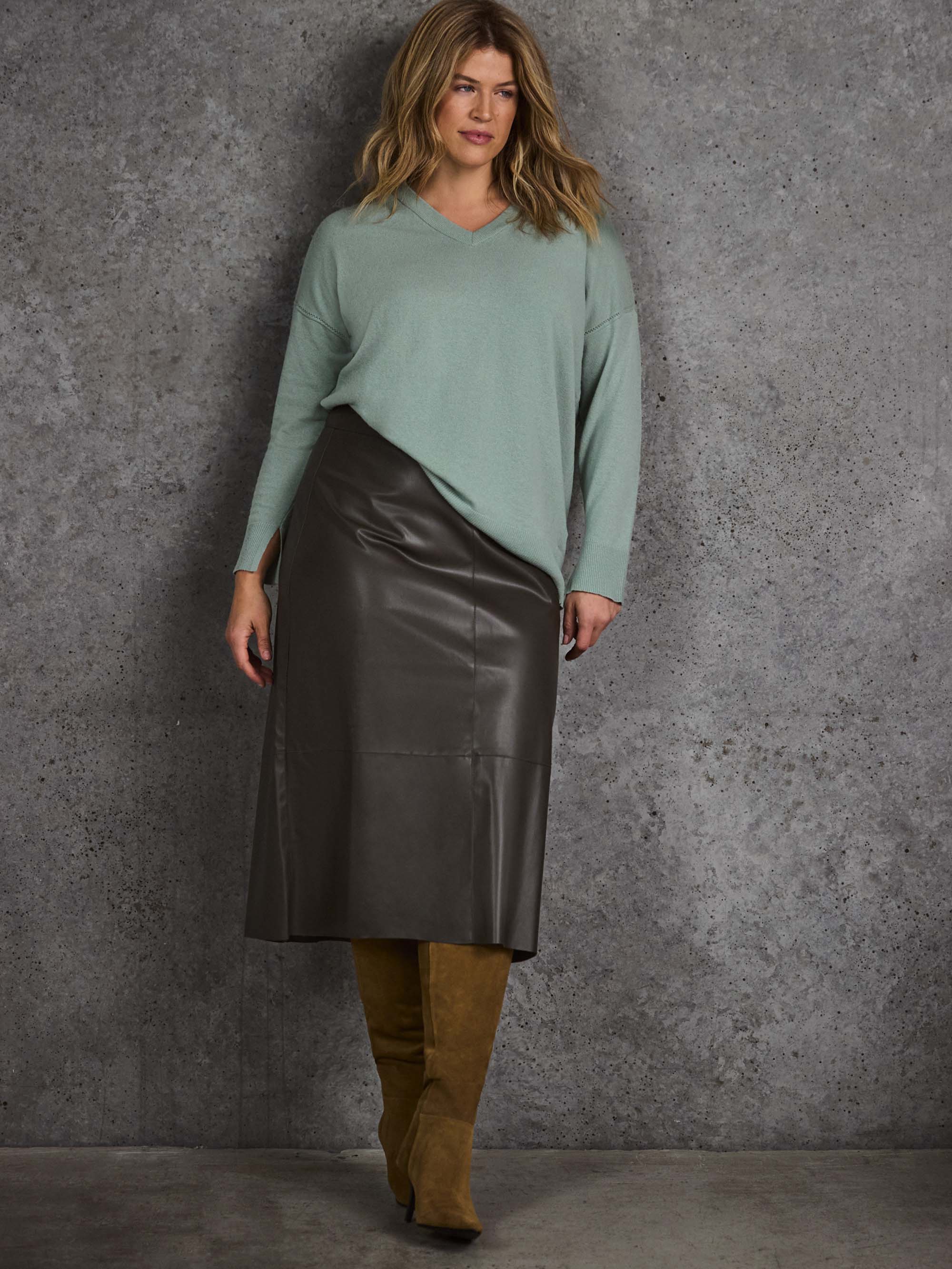 Khaki Faux Leather Seam Detail Midi Skirt - Image 2