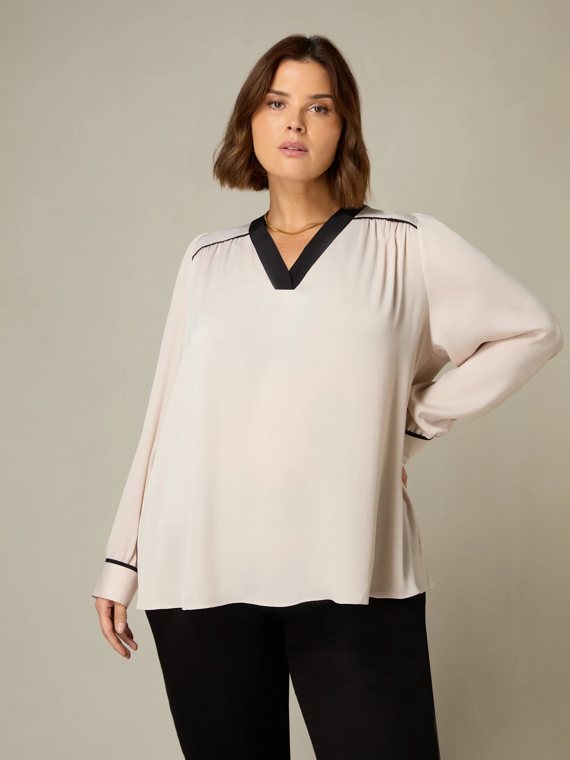 Stone Contrast Neck Band Blouse - Image 2