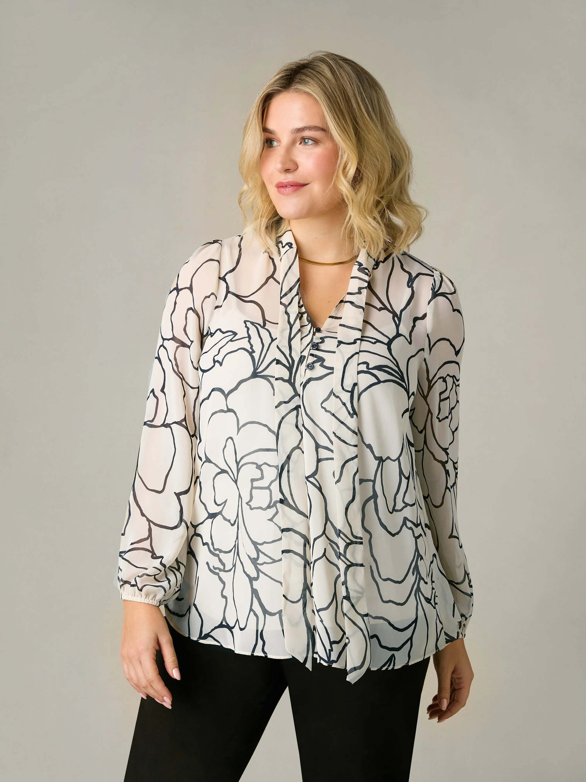 Stone Floral Print Chiffon Tie Neck Blouse - Image 3