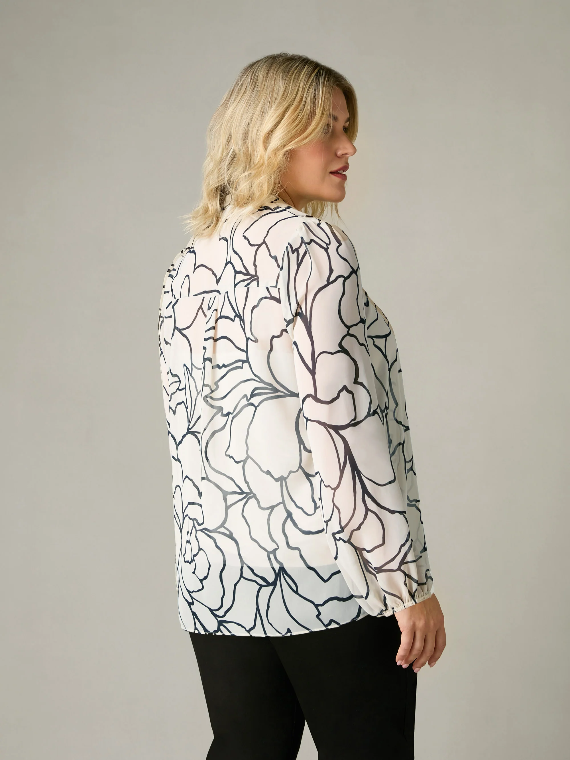 Stone Floral Print Chiffon Tie Neck Blouse - Image 6