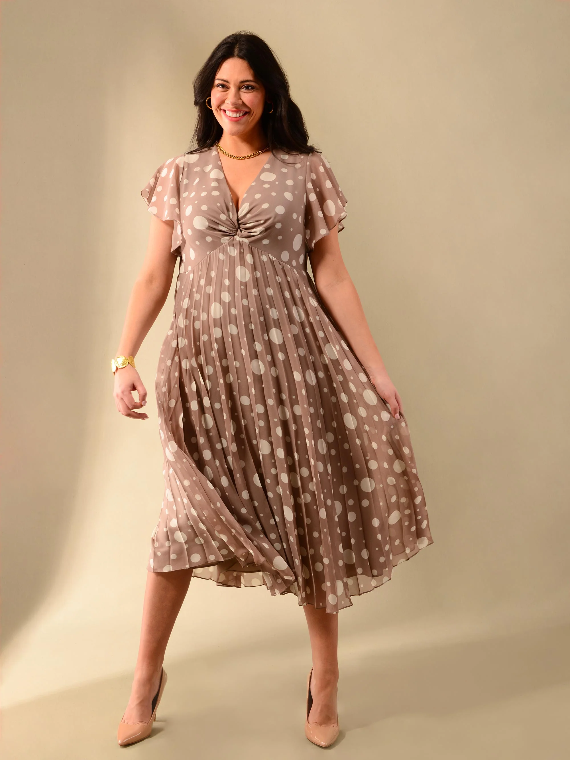 Stone & Ivory Spotted Knot Front Pleat Dress - Image 2