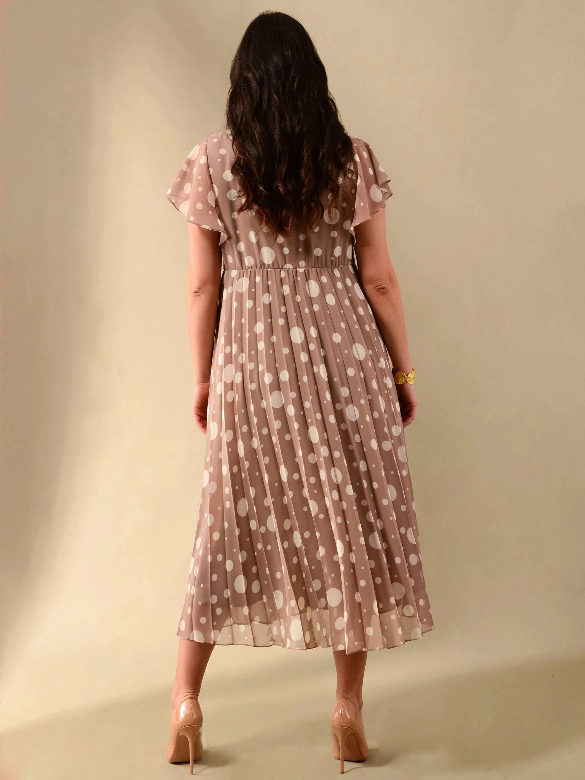 Stone & Ivory Spotted Knot Front Pleat Dress - Image 4