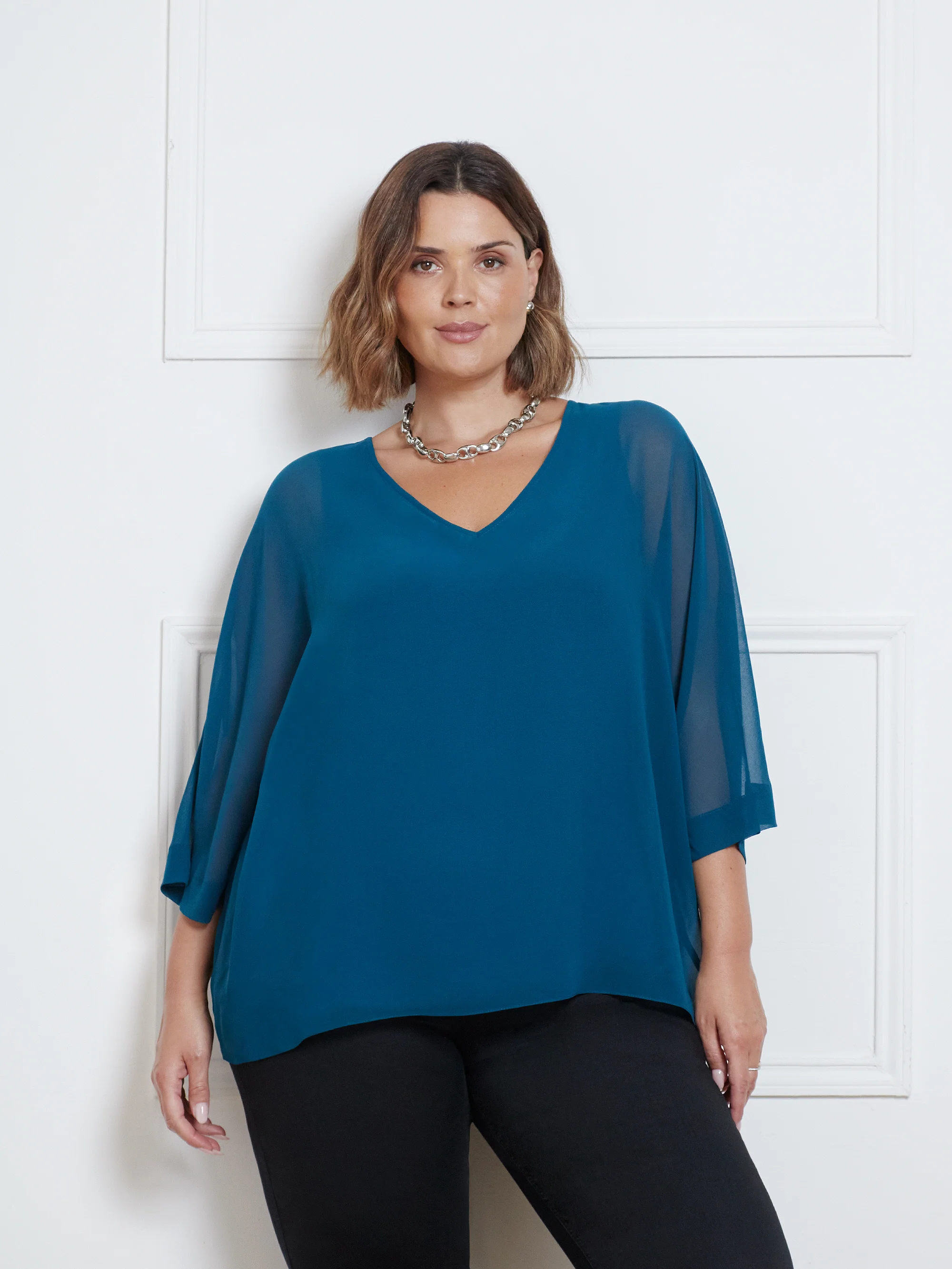 Teal Chiffon V-Neck Overlay Top - Image 2