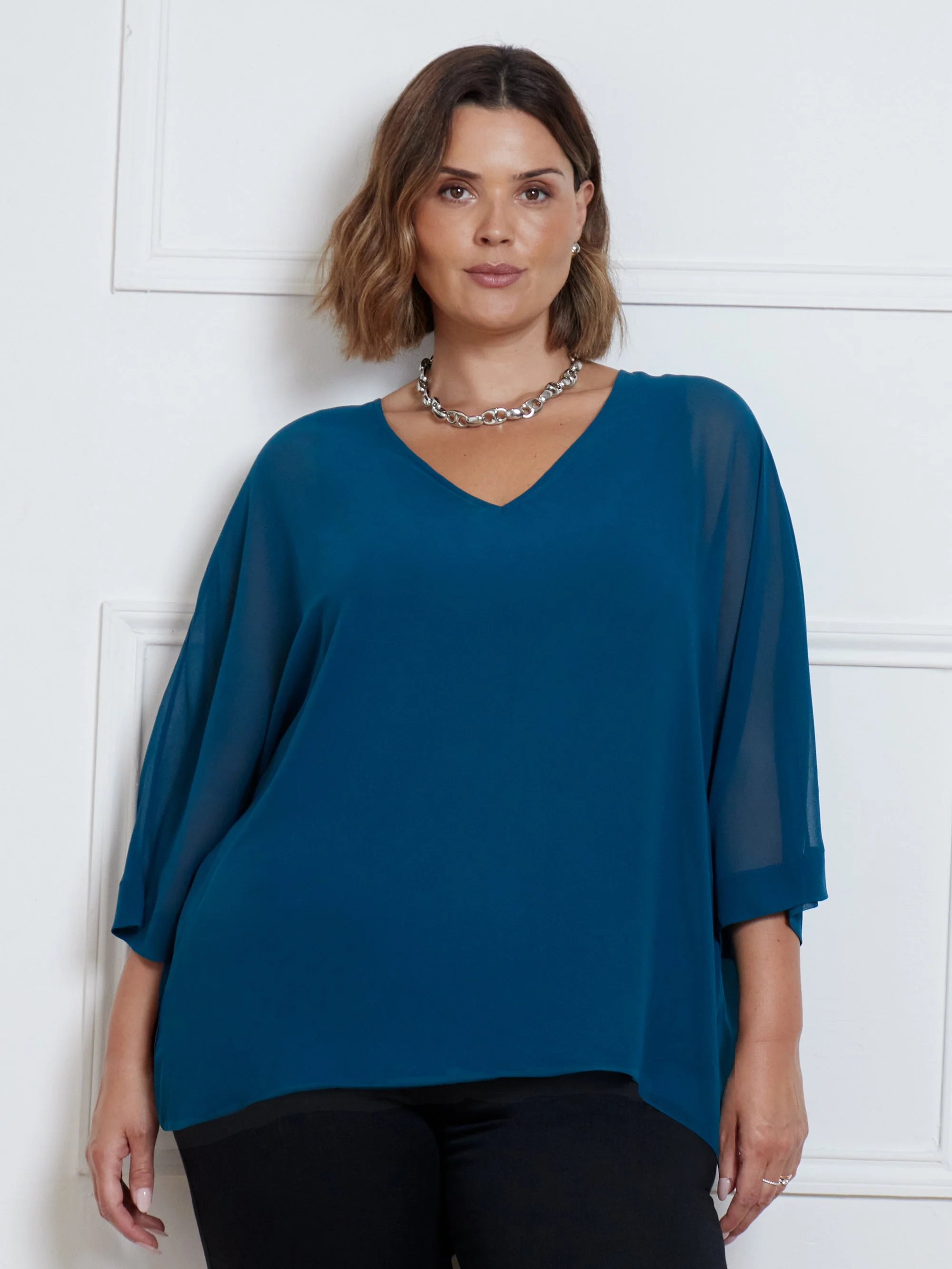 Teal Chiffon V-Neck Overlay Top - Image 4