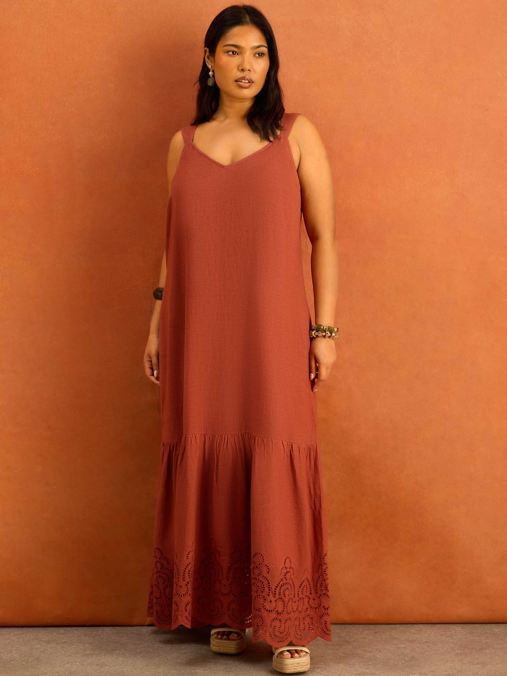 Terracotta Linen Blend Broderie Maxi Dress - Image 2