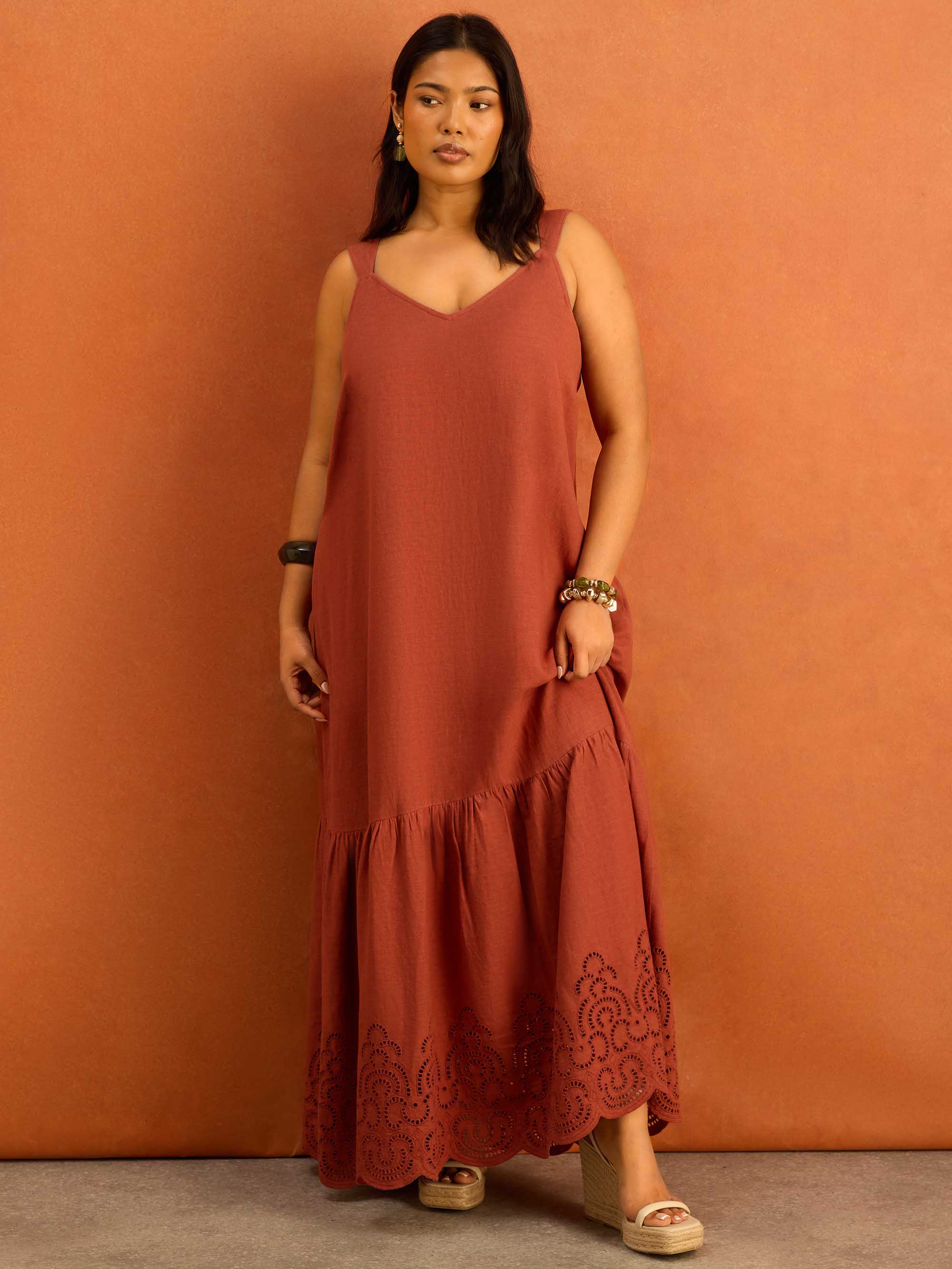 Terracotta Linen Blend Broderie Maxi Dress - Image 3