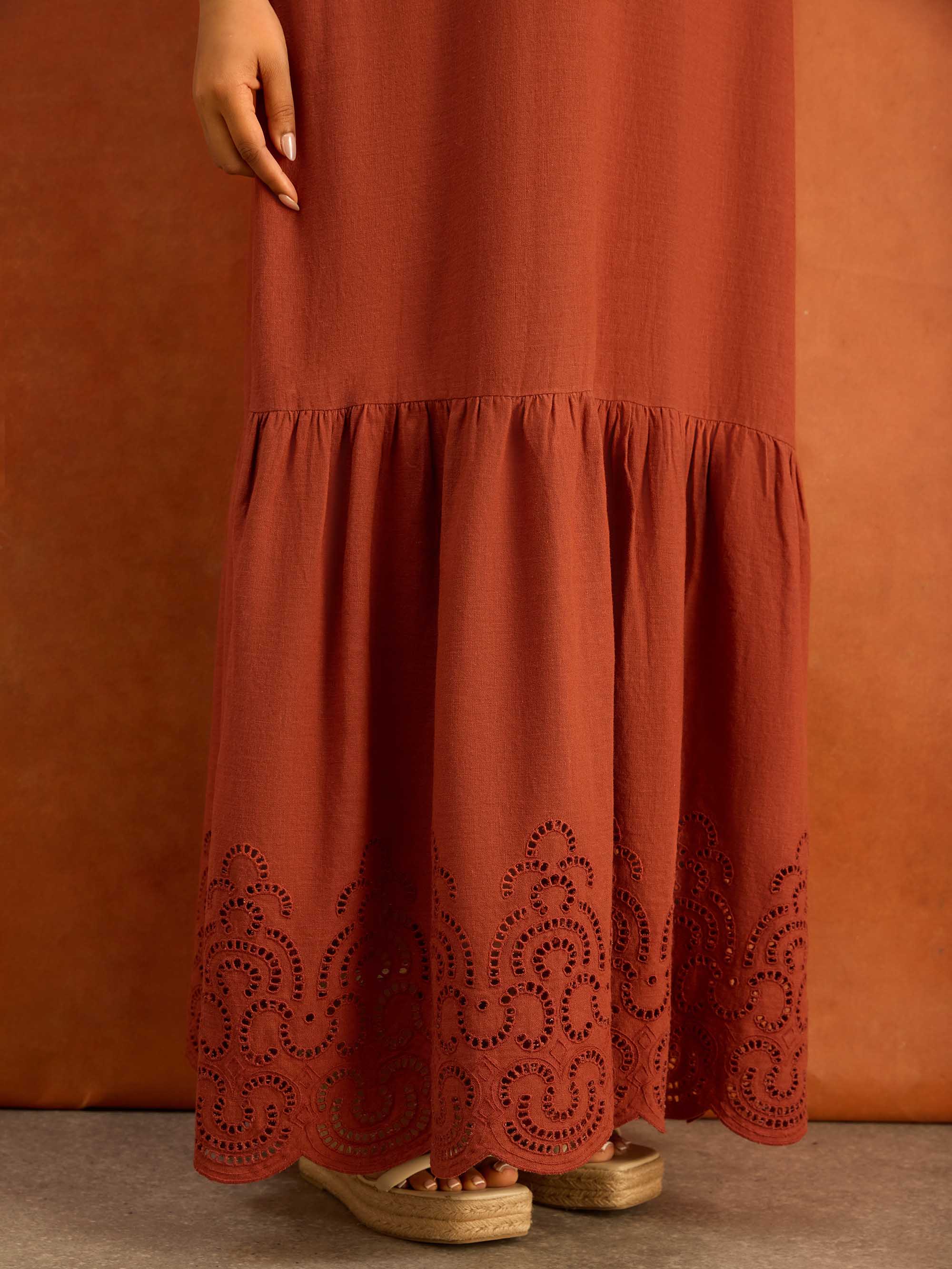 Terracotta Linen Blend Broderie Maxi Dress - Image 4