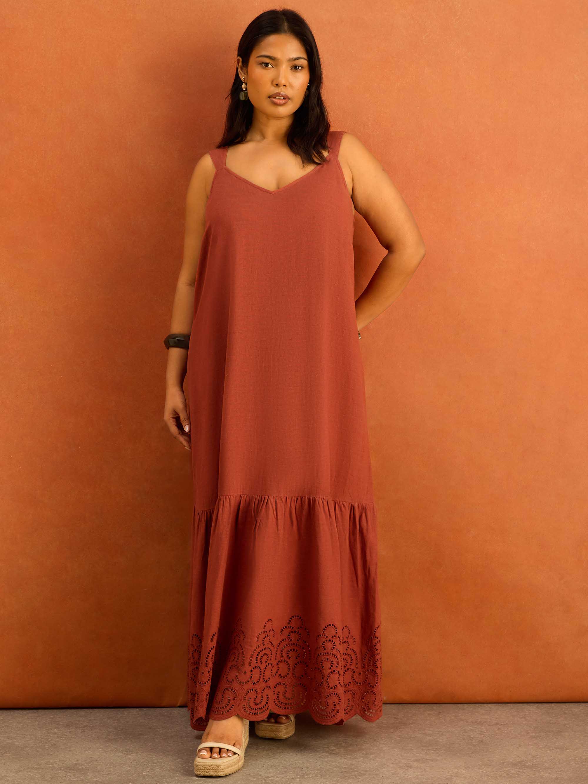 Terracotta Linen Blend Broderie Maxi Dress - Image 5