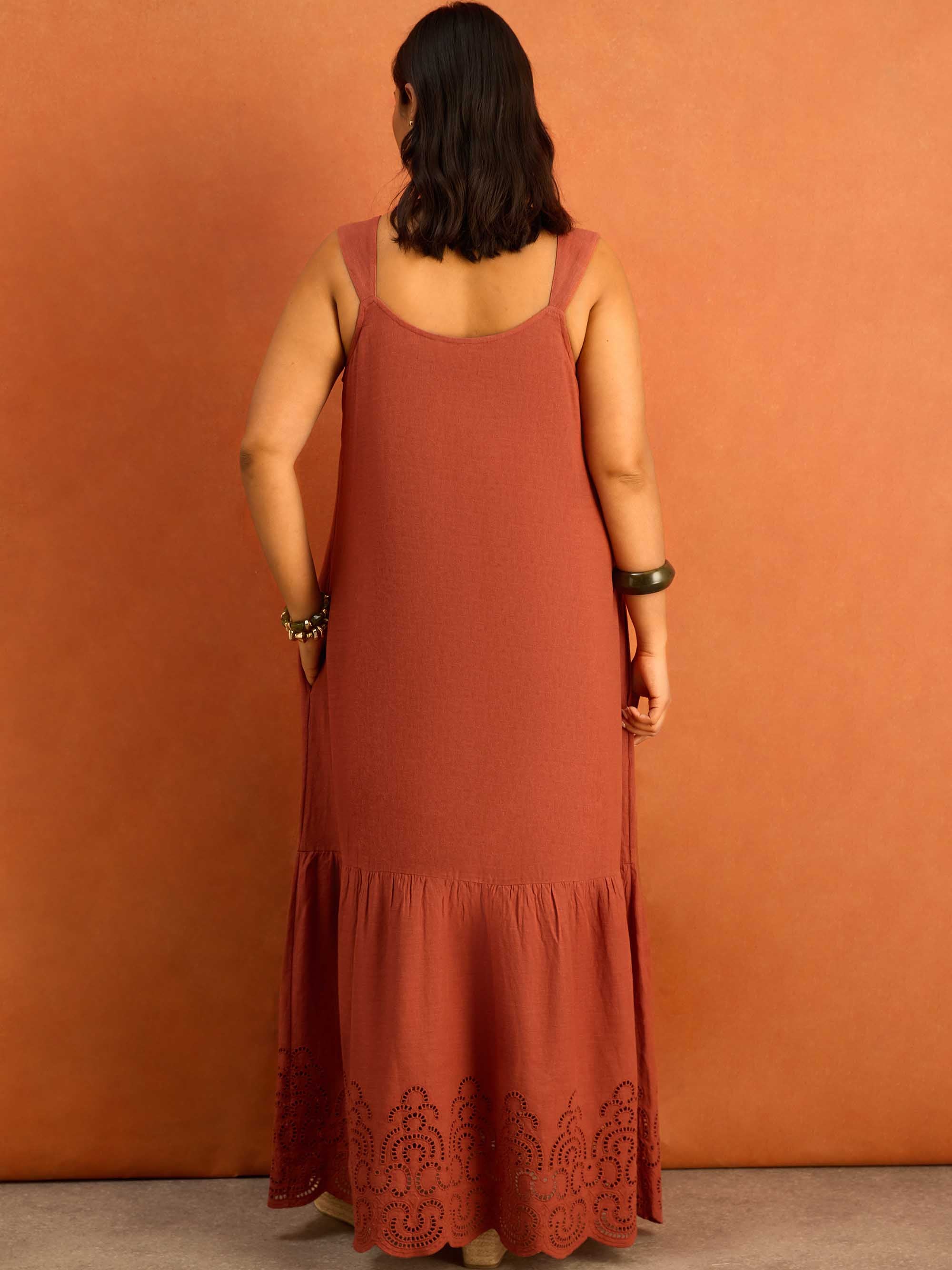 Terracotta Linen Blend Broderie Maxi Dress - Image 6
