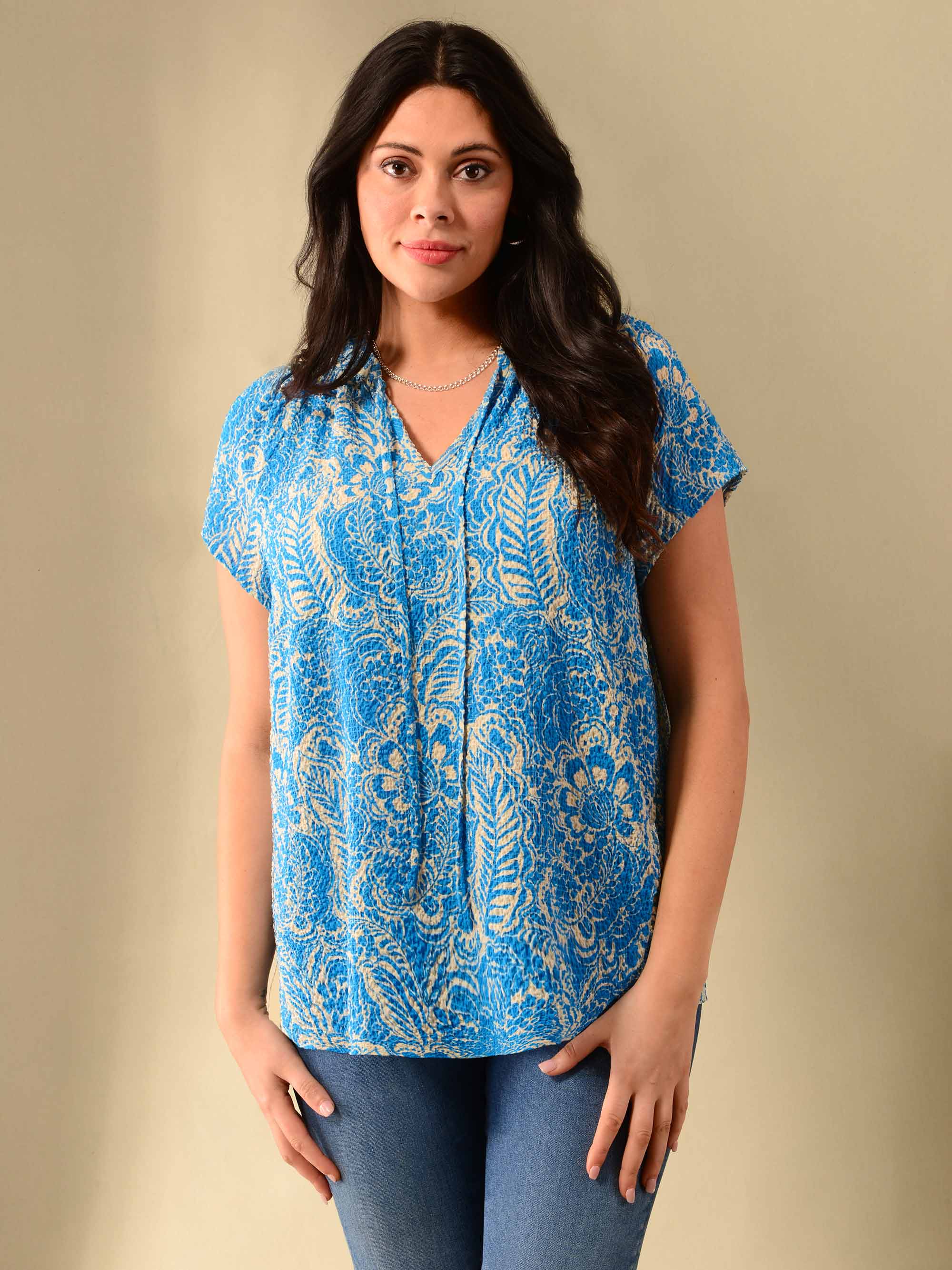Textured Blue & Ivory Printed Shirred Neck Blouse - Image 2