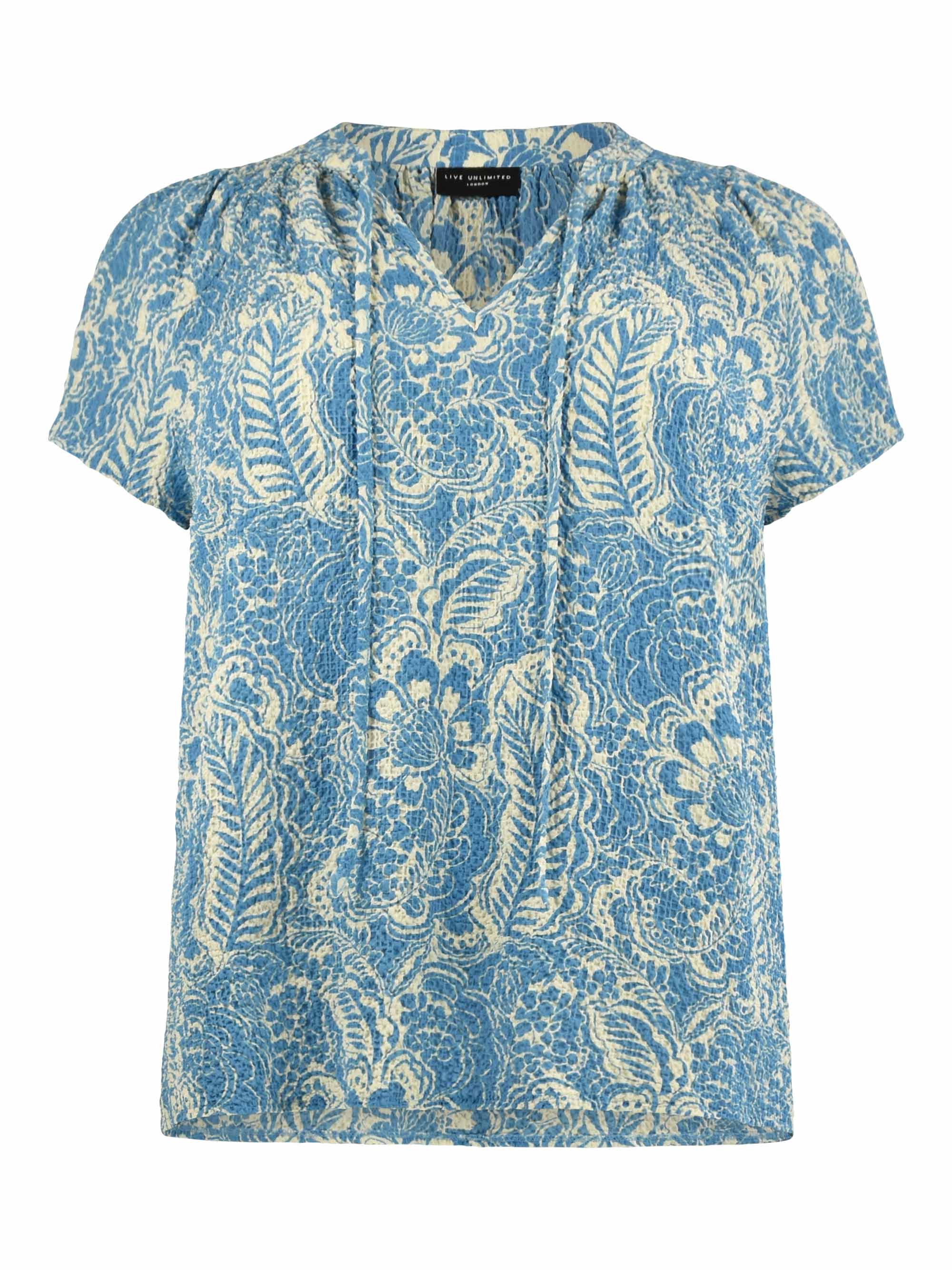Textured Blue & Ivory Printed Shirred Neck Blouse - Image 5