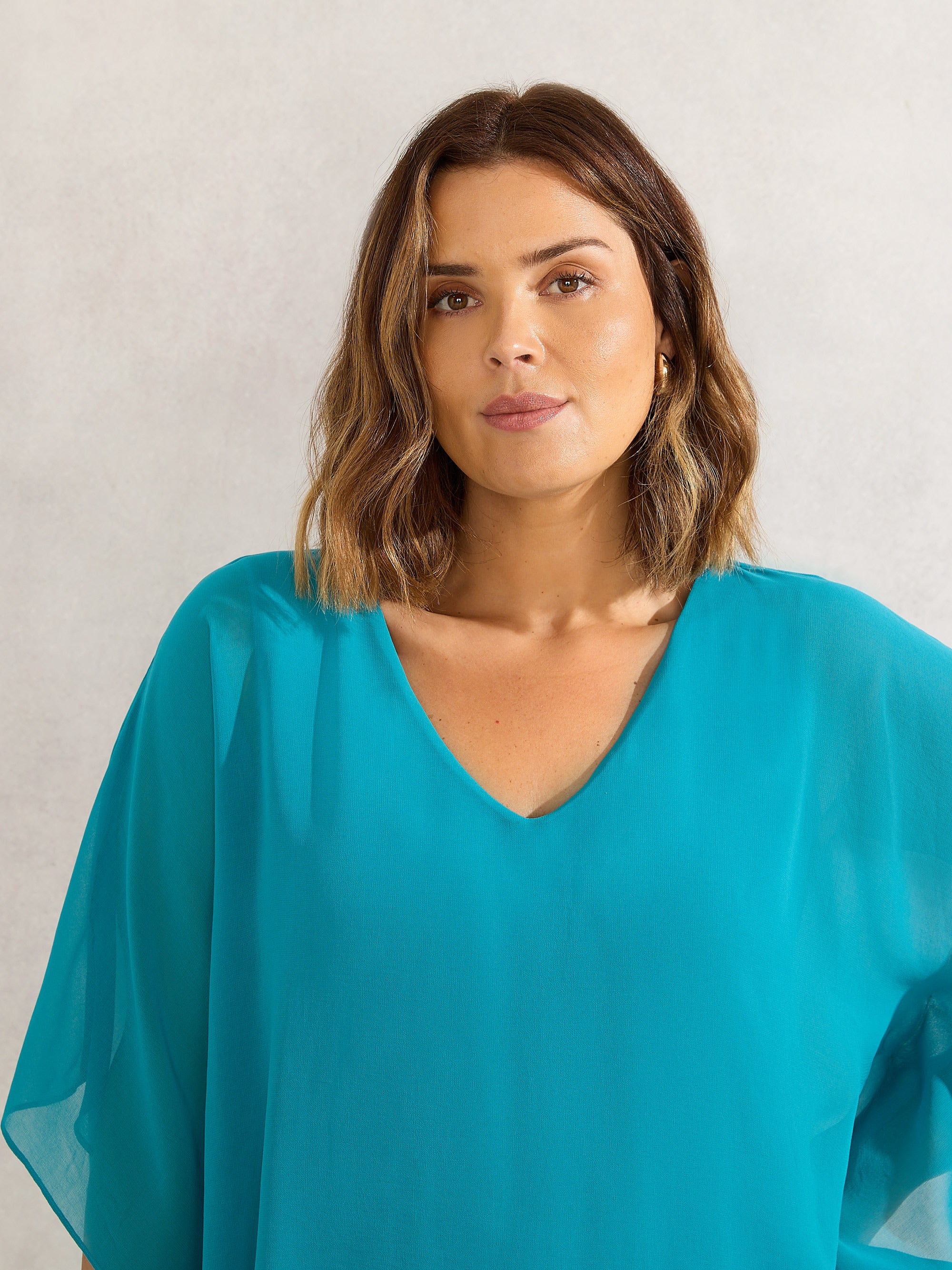 Turquoise Chiffon V Neck Overlay Top - Image 2
