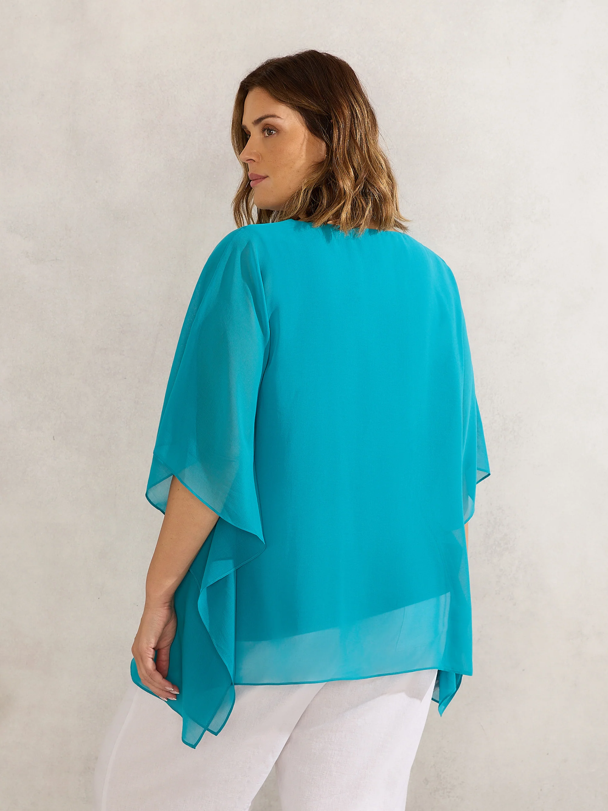 Turquoise Chiffon V Neck Overlay Top - Image 3