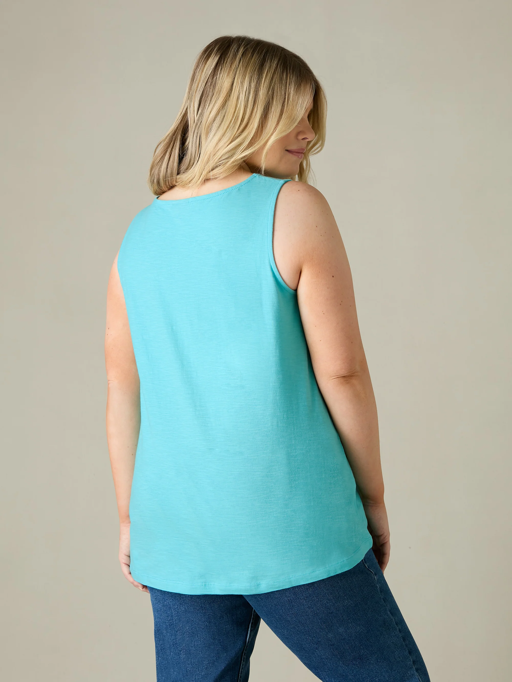 Turquoise Cotton Slub Round Neck Vest Top - Image 3