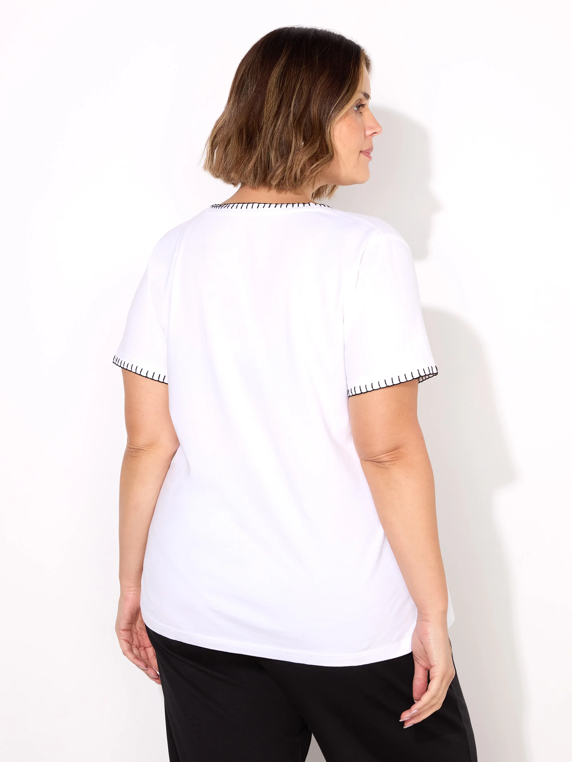White Blanket Stitch Cotton V-Neck T-Shirt - Image 5