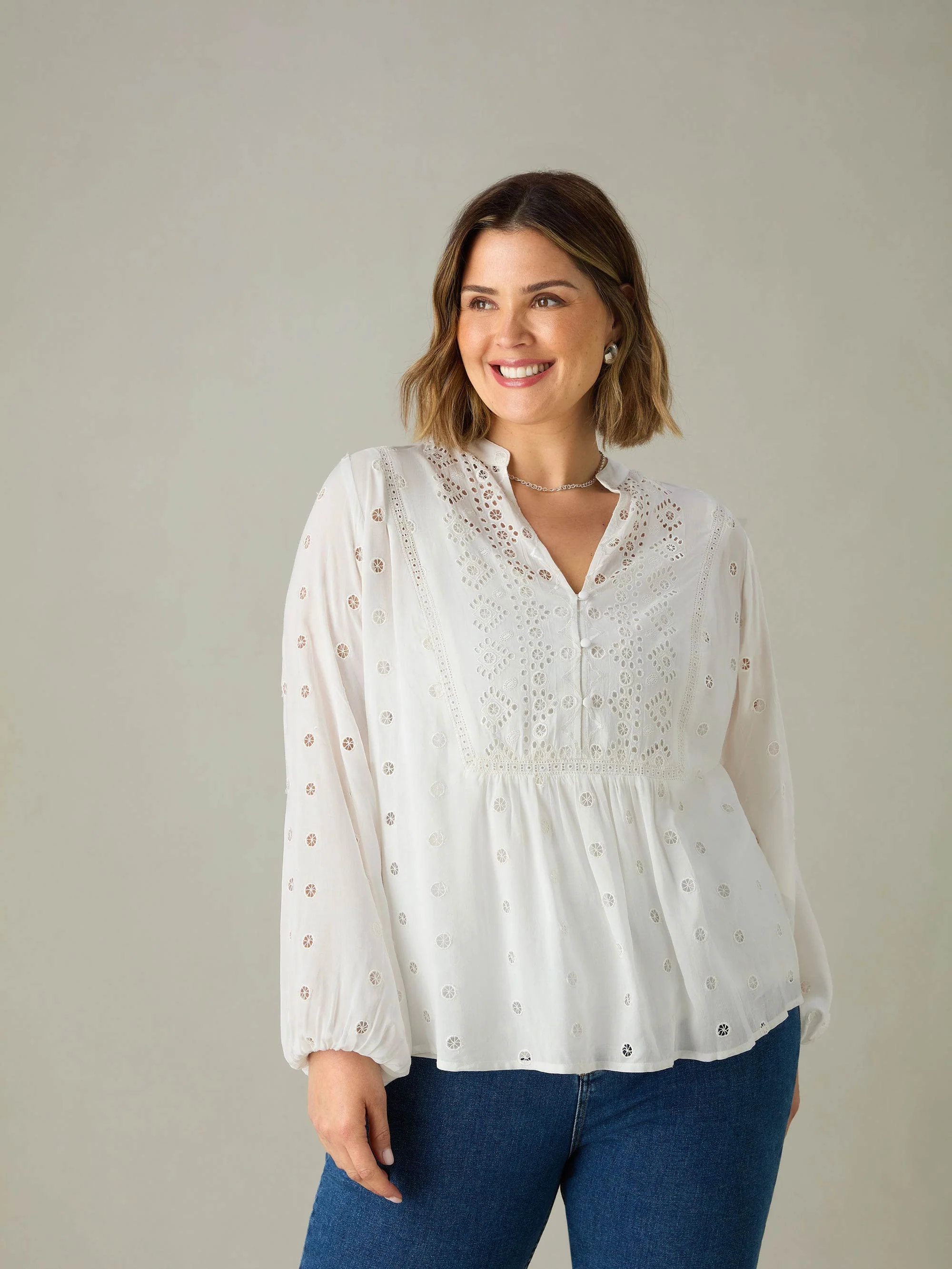 White Broderie V-Neck Blouse - Image 2