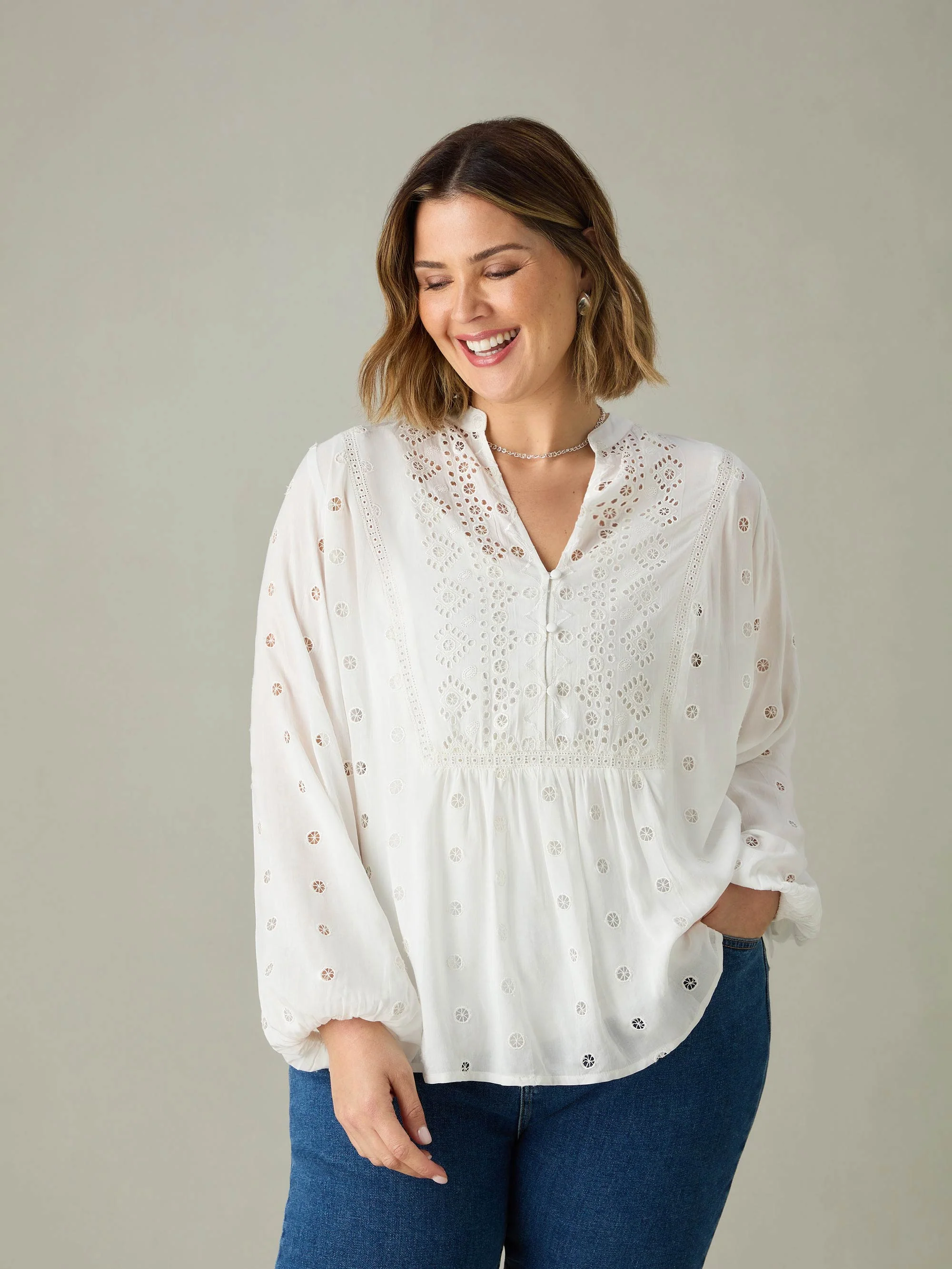 White Broderie V-Neck Blouse - Image 3